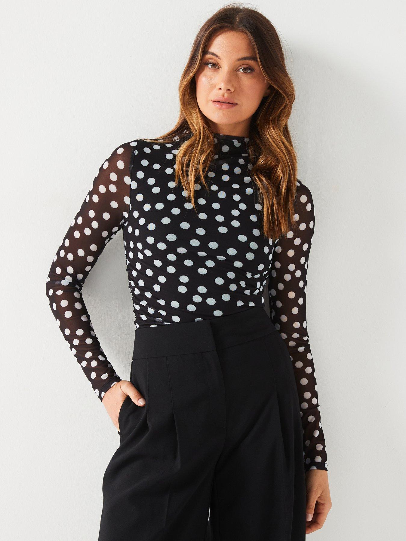 undefined Ruched Tulle Long Sleeve Top - Mono Print