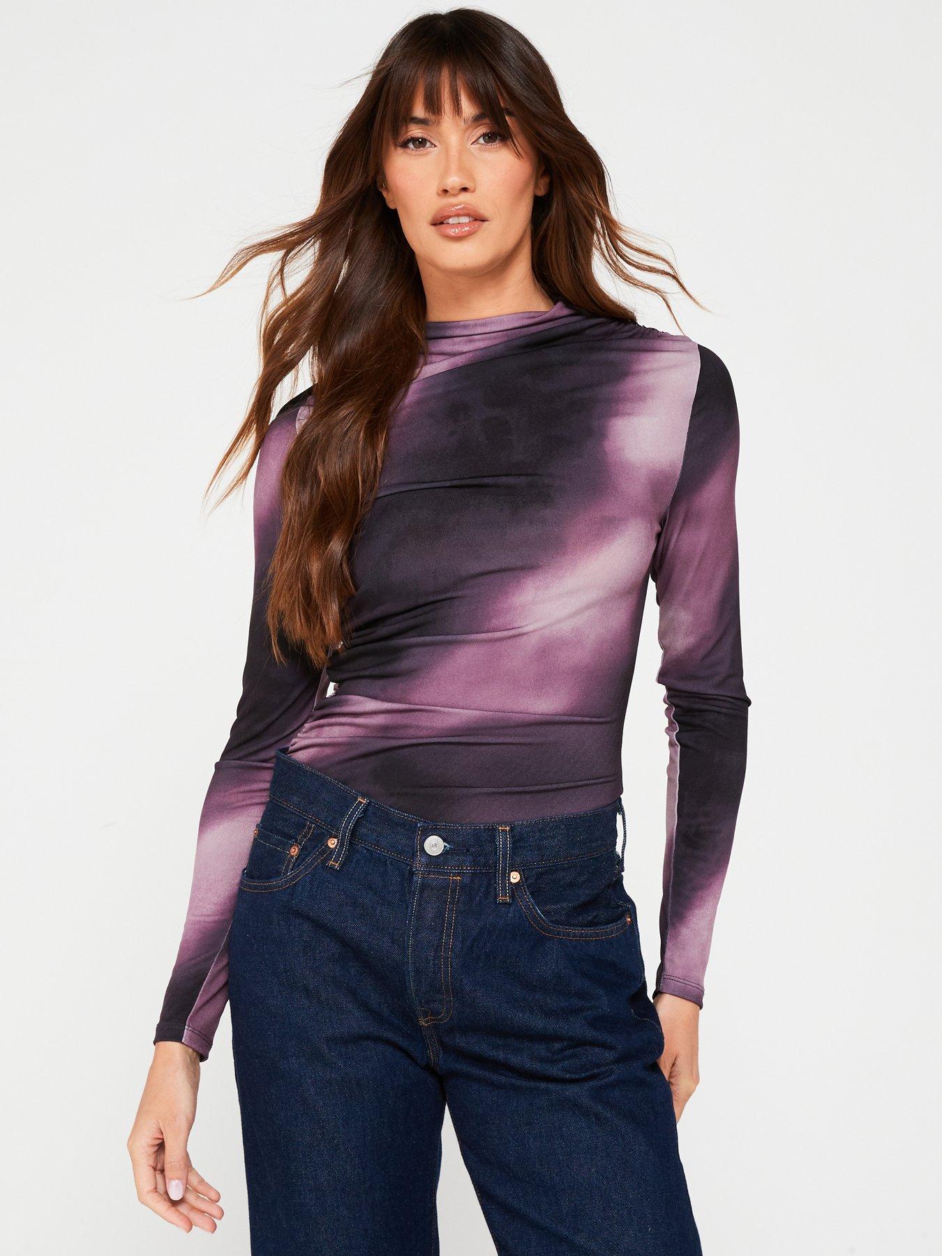 undefined Ruched Long Sleeve Top - Purple