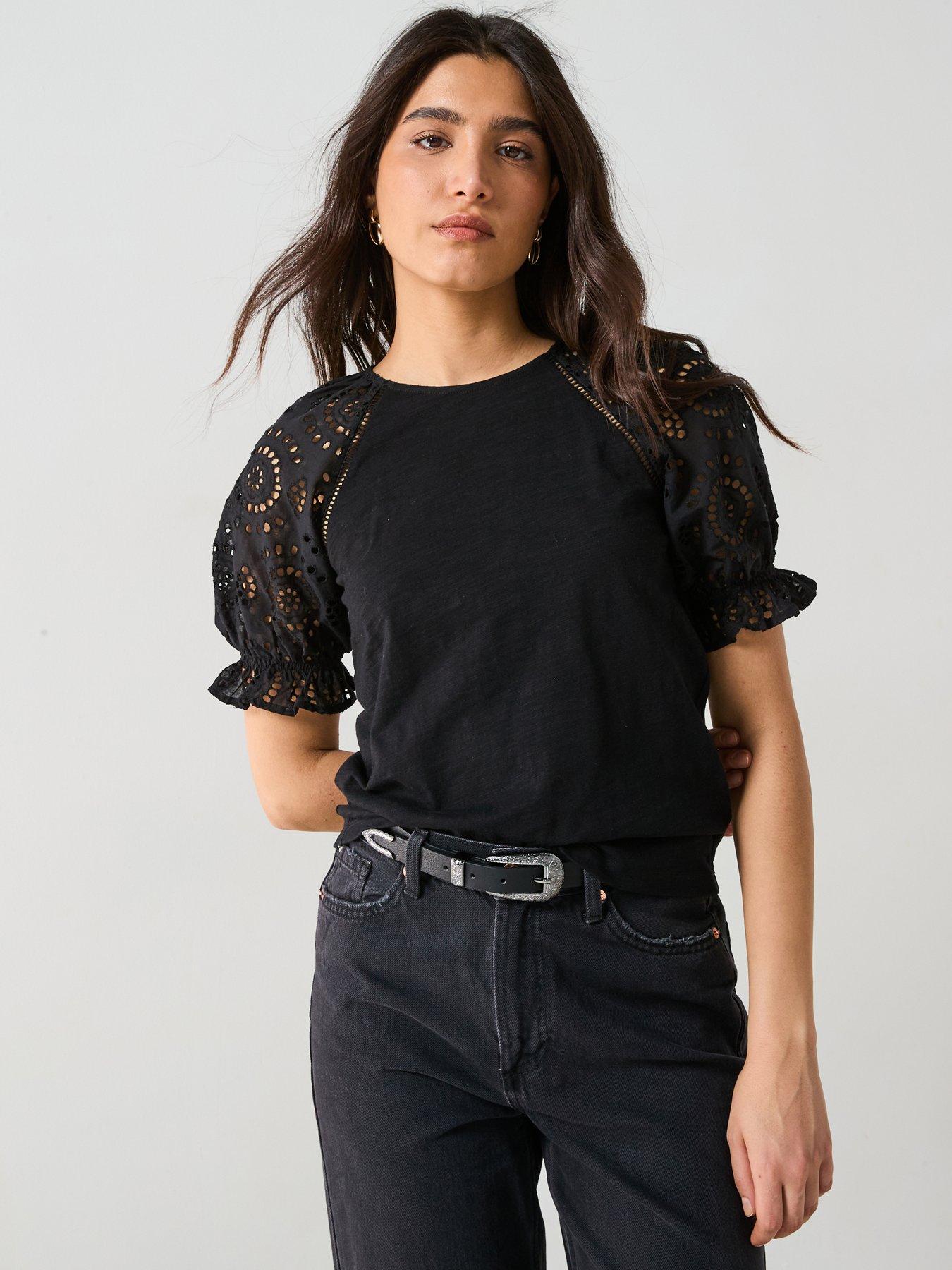 undefined Broderie Sleeve Tee - Black