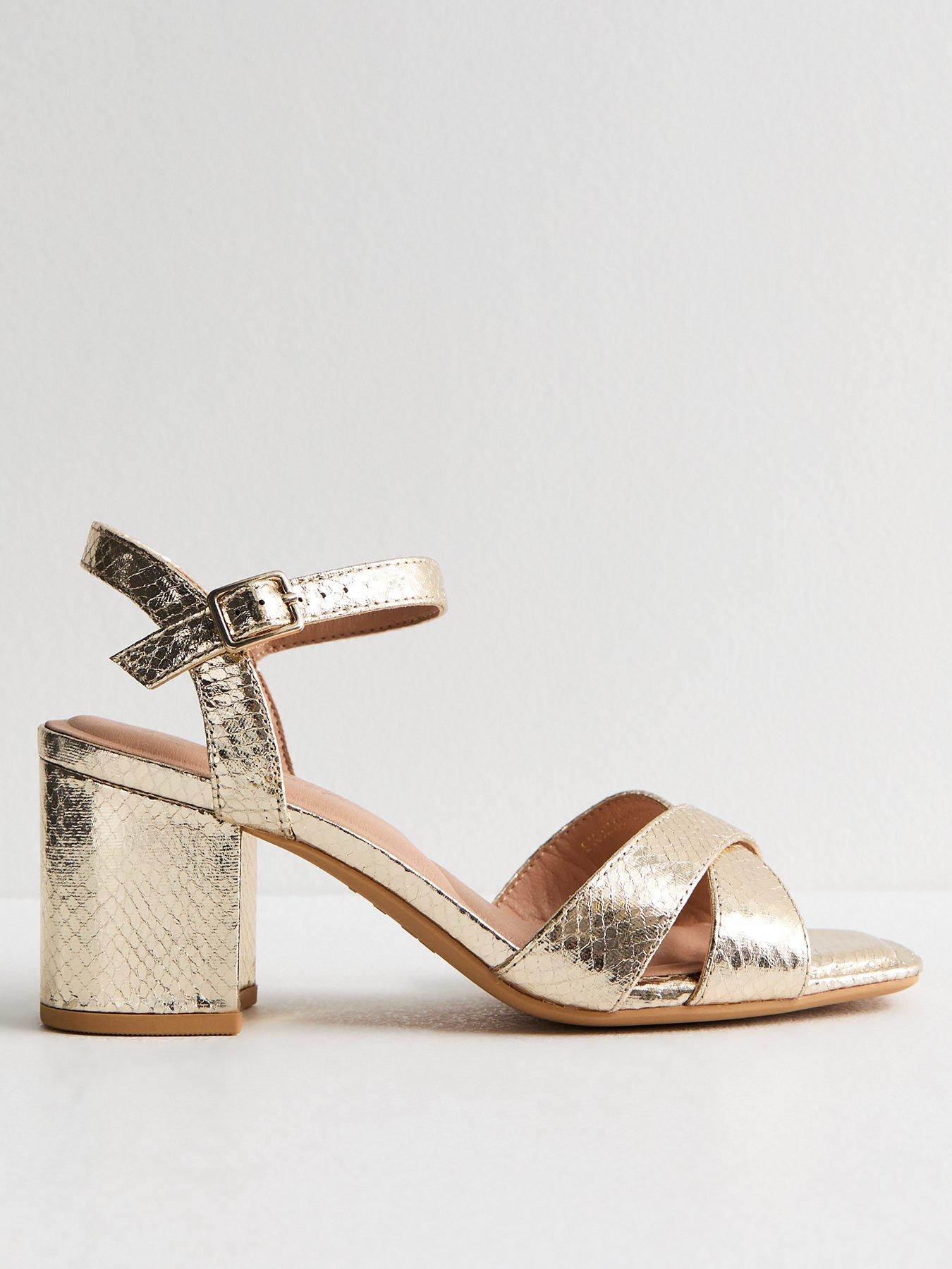 undefined Wide Fit Snake Effect Block Heel Sandals - Gold