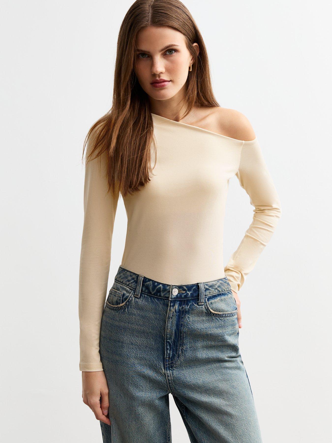 undefined Cream Asymmetric Neck Jersey Top - White