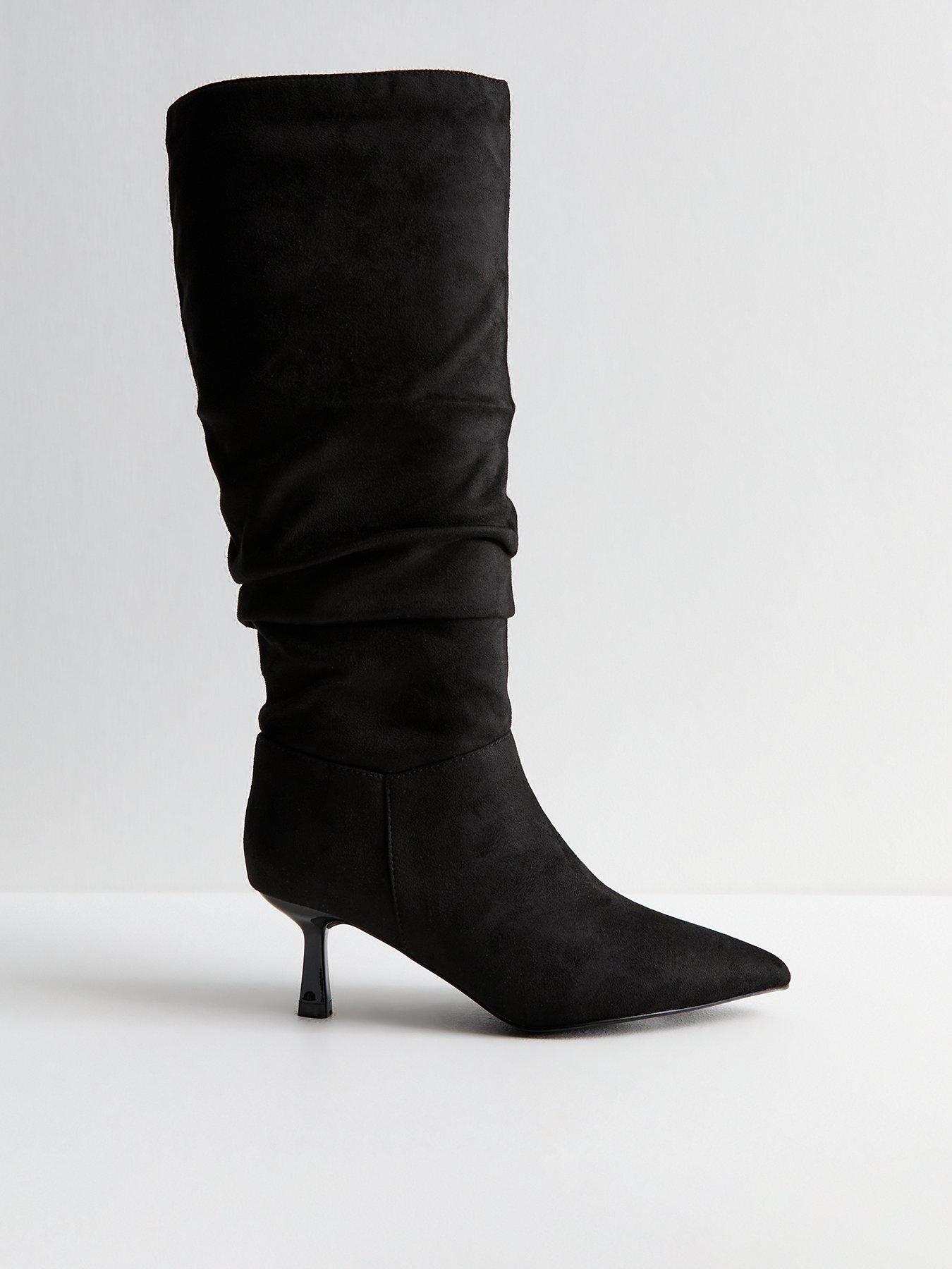 undefined Wide Fit Ruched Suedette Knee High Boots - Black
