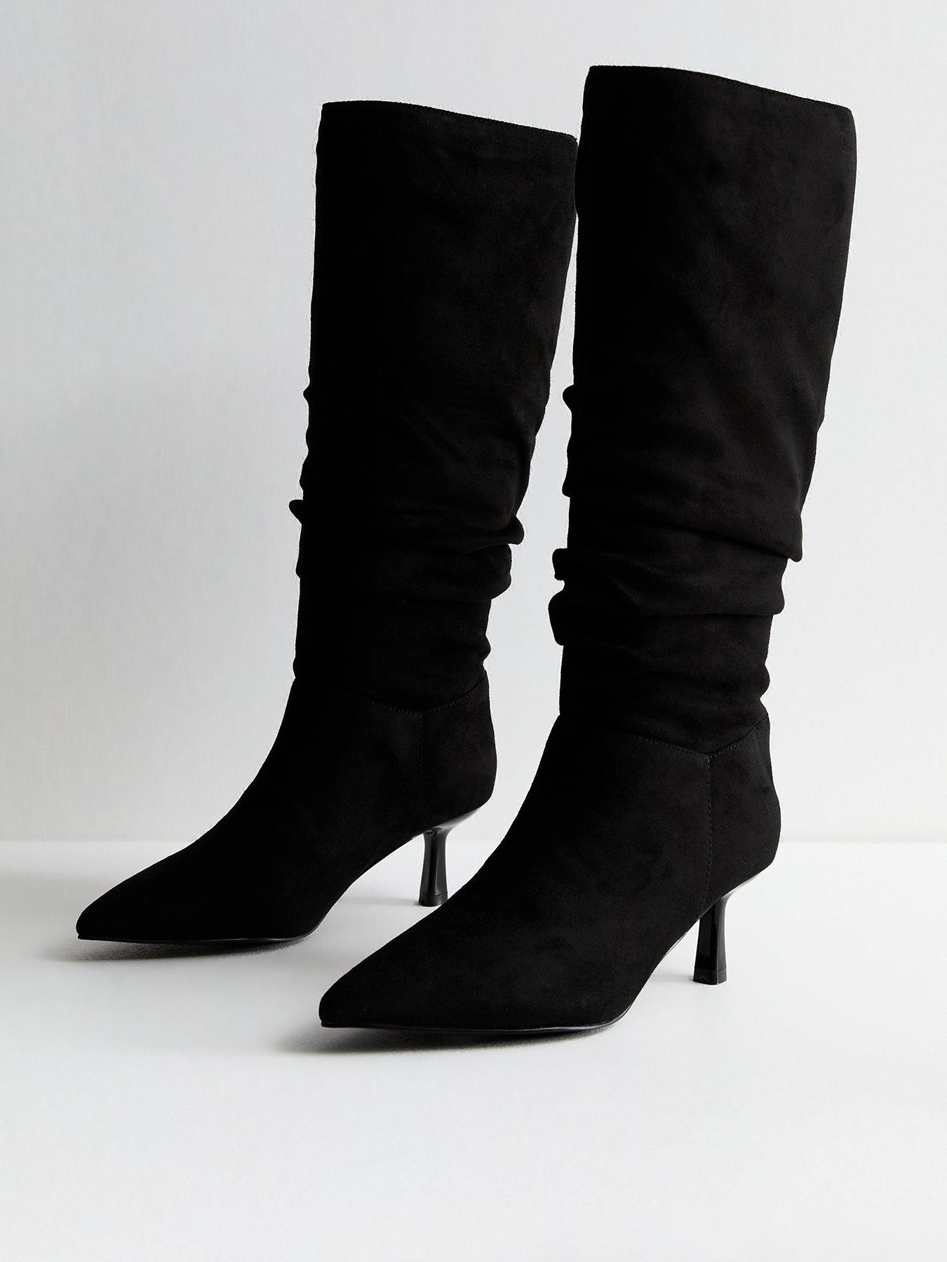  image of new-look-wide-fit-ruched-suedette-knee-high-boots-black