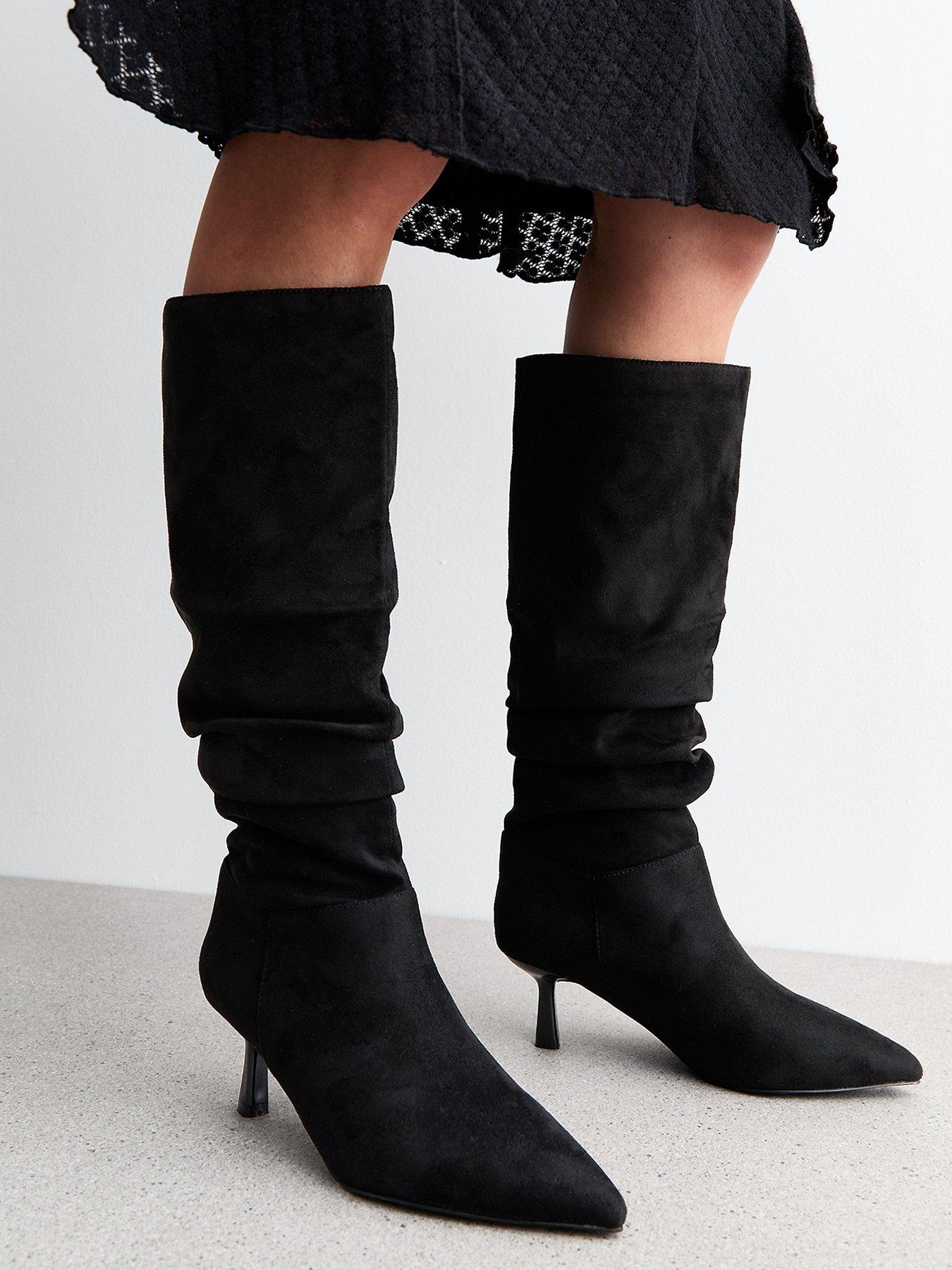  image of new-look-wide-fit-ruched-suedette-knee-high-boots-black