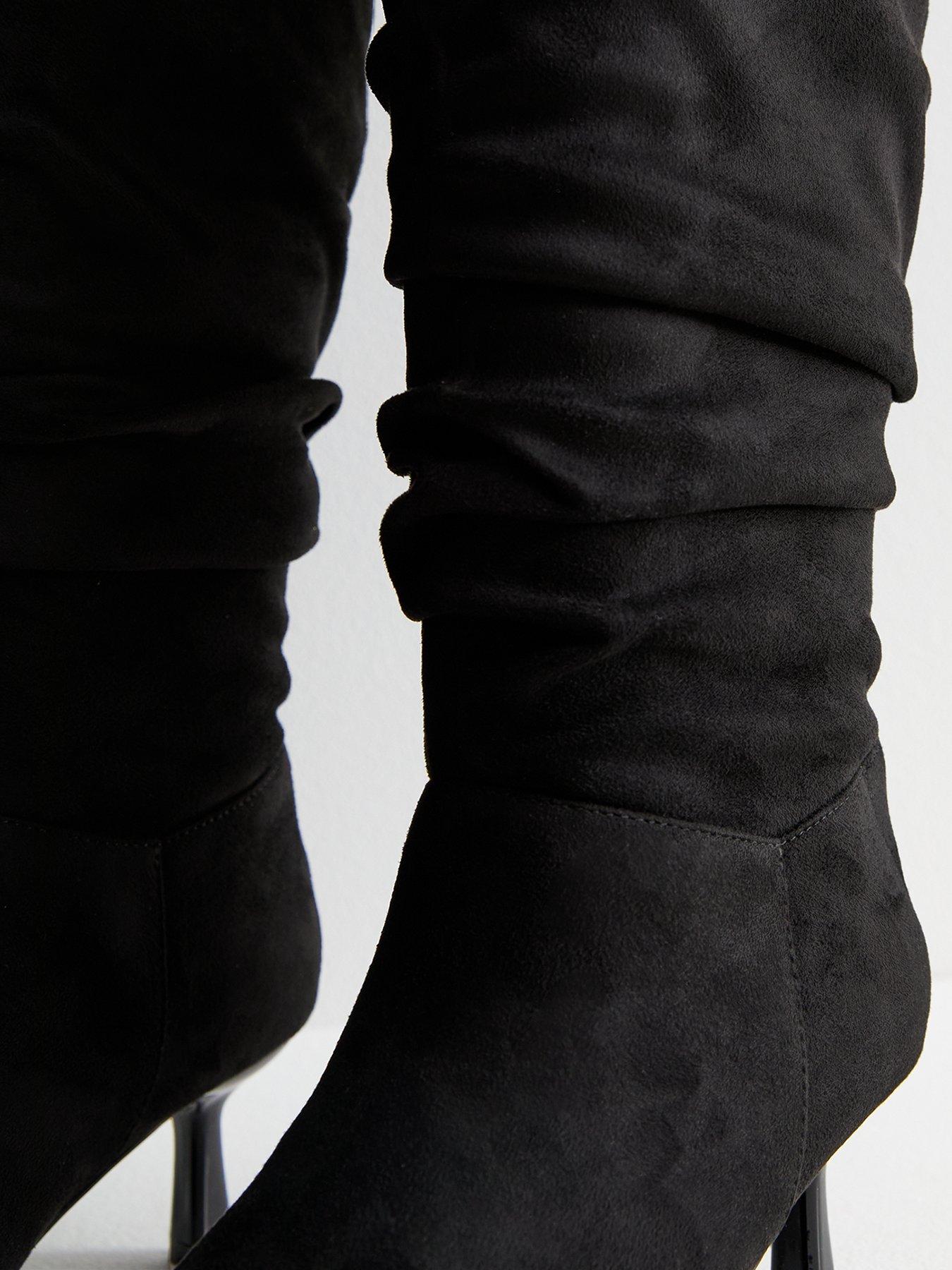  image of new-look-wide-fit-ruched-suedette-knee-high-boots-black