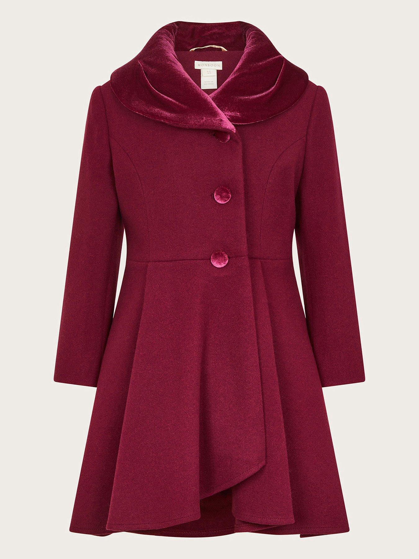Monsoon Girls Velvet Shawl Collar Coat Burgundy Littlewoods