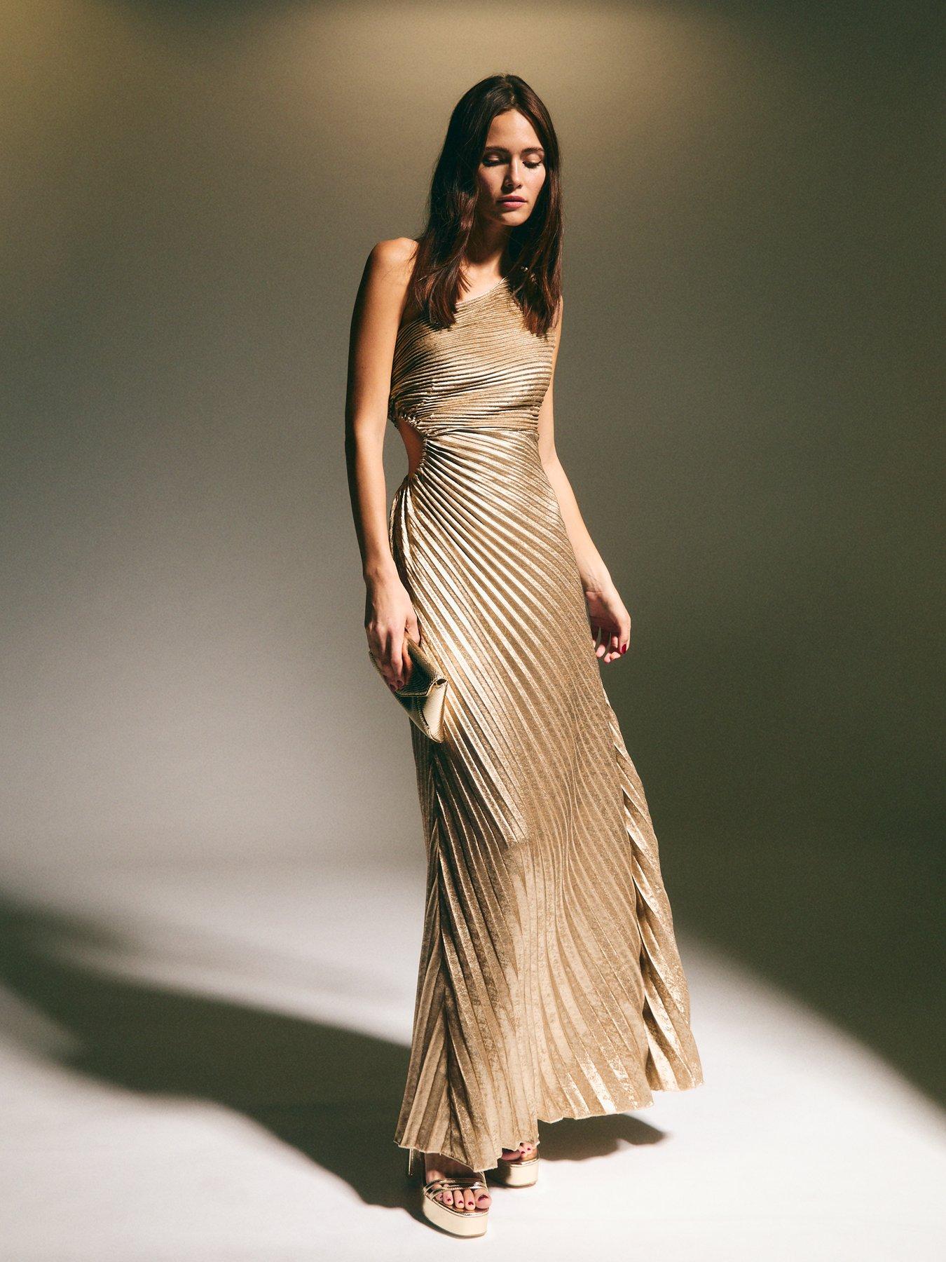 New Look Metallic Foil Pleated One Shoulder Maxi Dress Gold