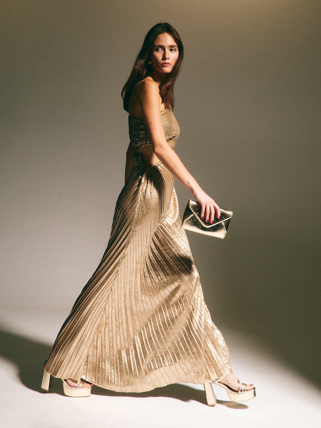 green emerald velvet dress Gold Plisse Maxi Dress – CHIO DI STEFANIA D ONLINE main image 0