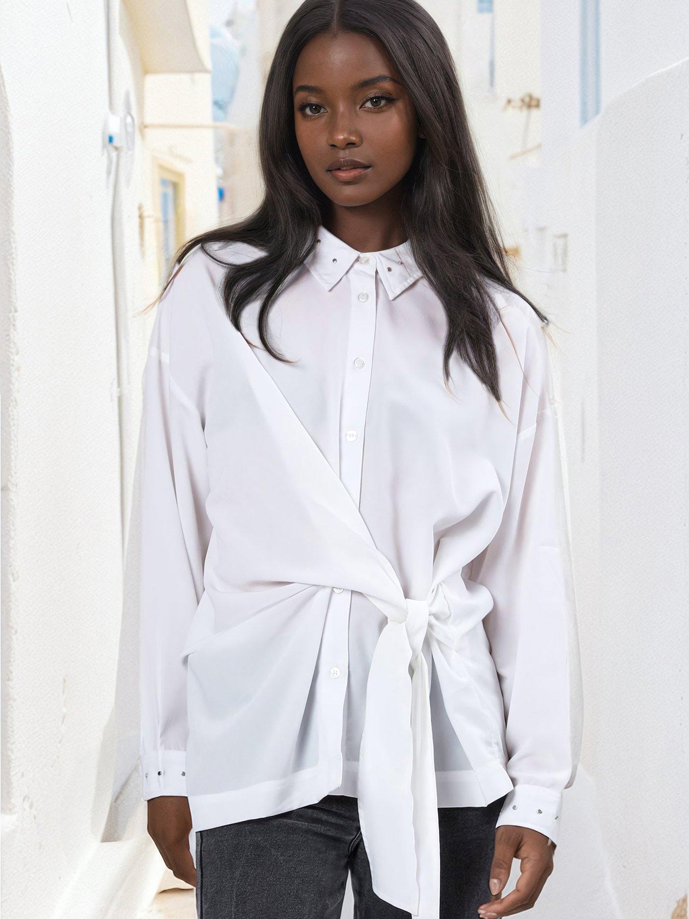 undefined Tie Front Prodigy Shirt with Stud Detail - White