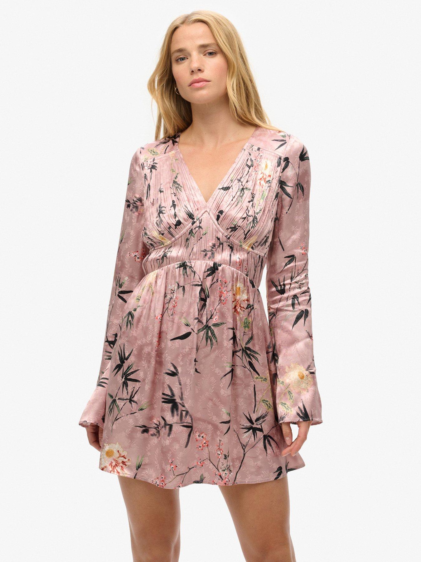 undefined Flare Sleeve Jacquard Mini Dress - Pink