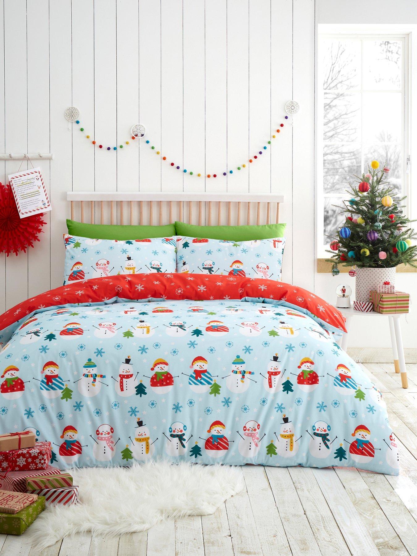 undefined Christmas Snowman Easy Care Duvet Cover Set - Blue/Red