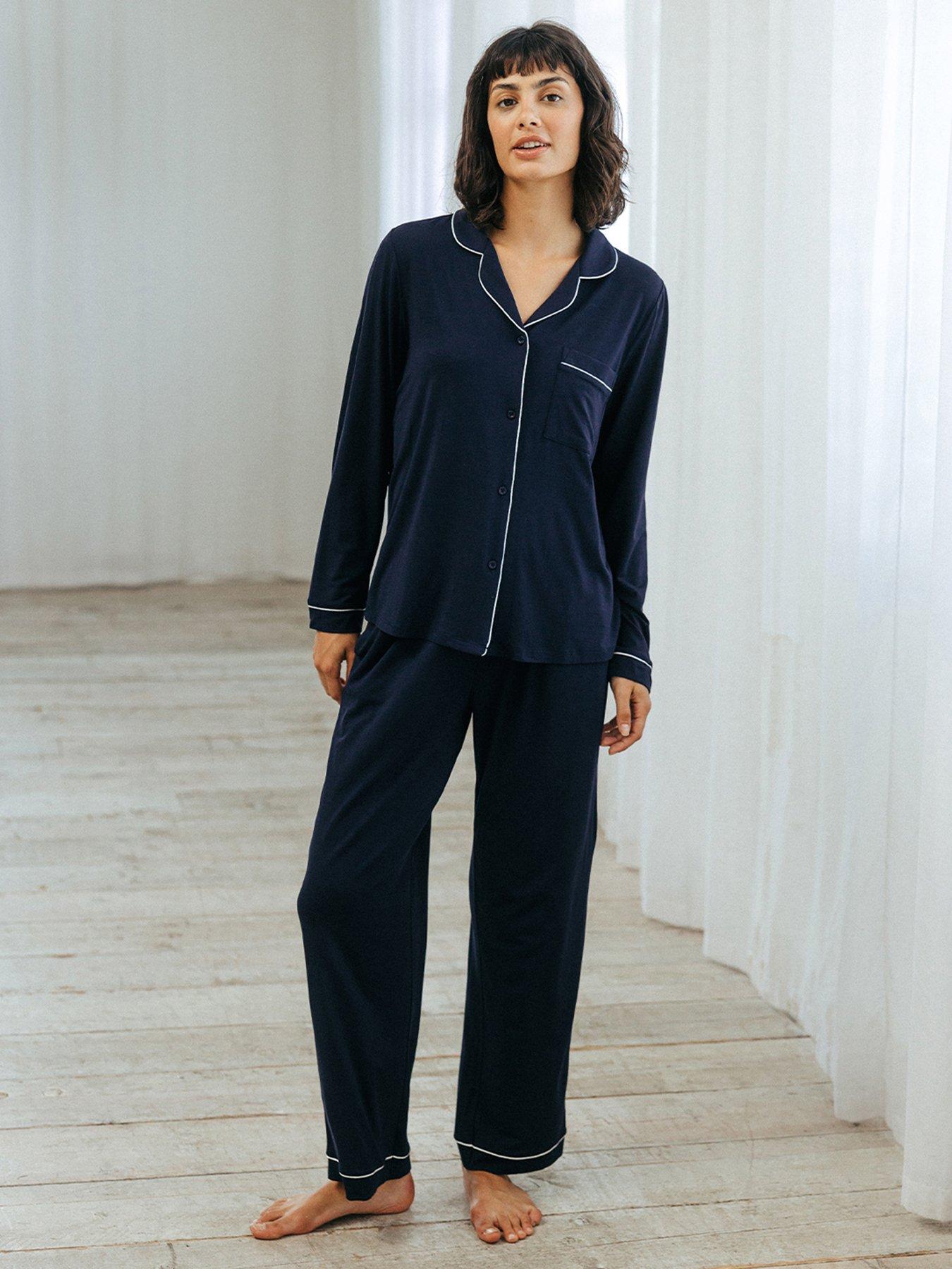 Image 1 of 6 of CHELSEA PEERS Modal Button Up Long Pyjama Set - Navy