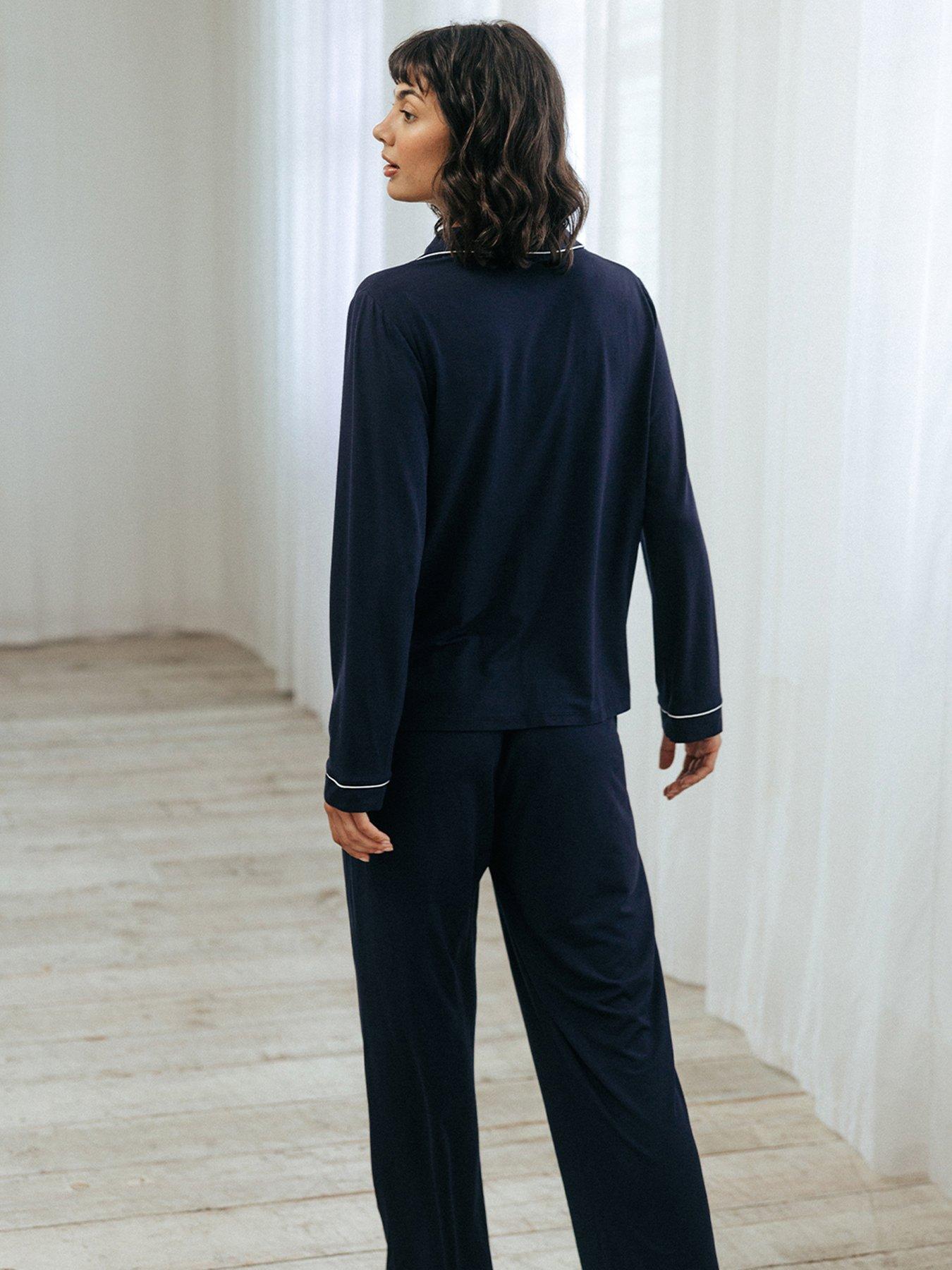  image of chelsea-peers-modal-button-up-long-pyjama-set-navy
