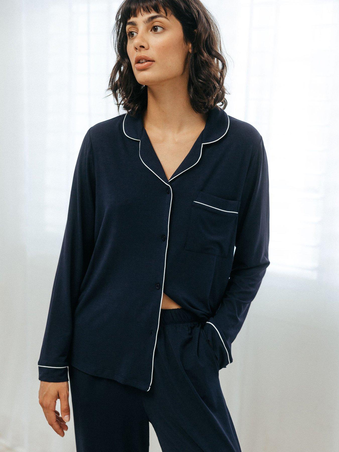  image of chelsea-peers-modal-button-up-long-pyjama-set-navy