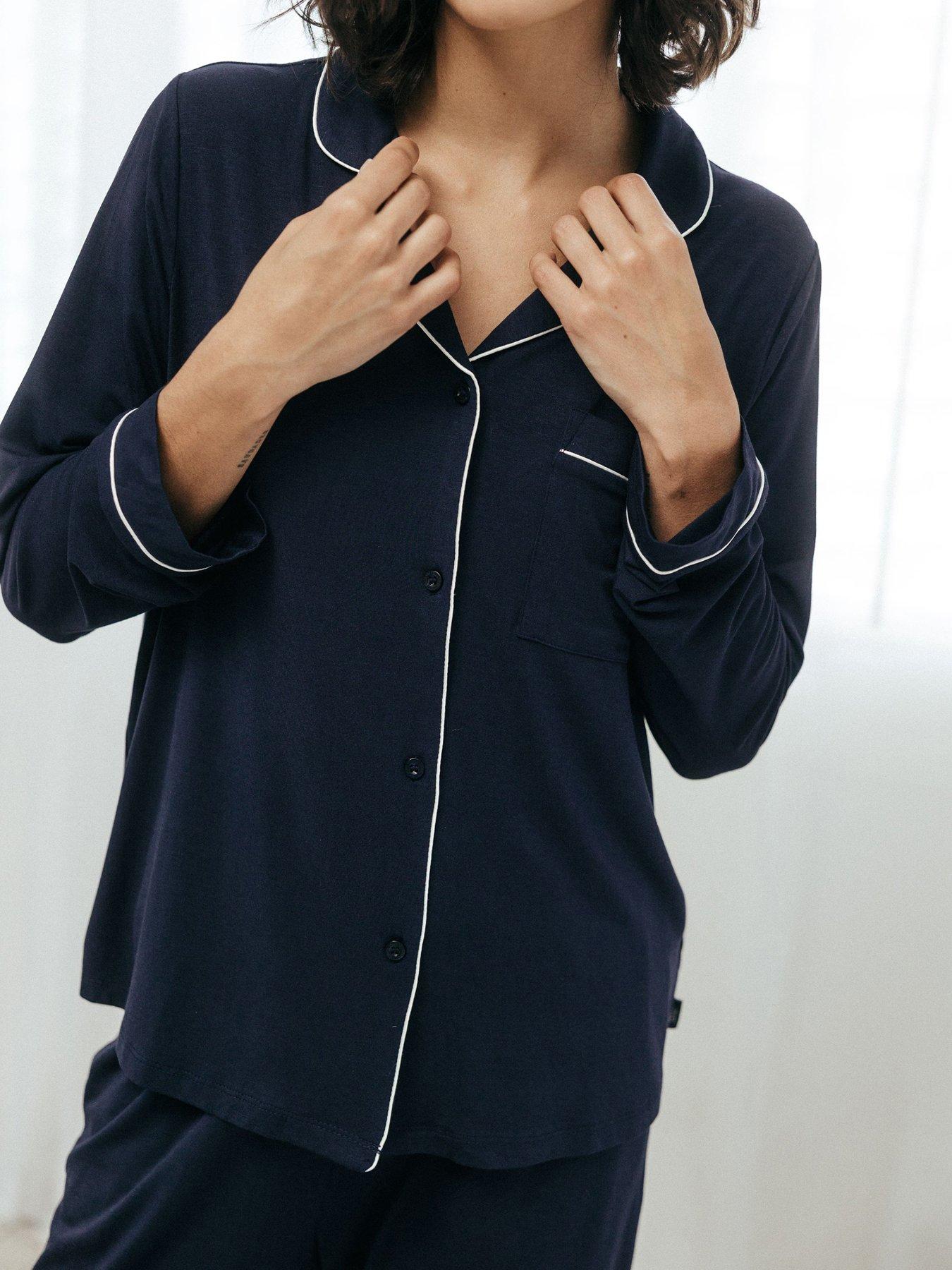  image of chelsea-peers-modal-button-up-long-pyjama-set-navy