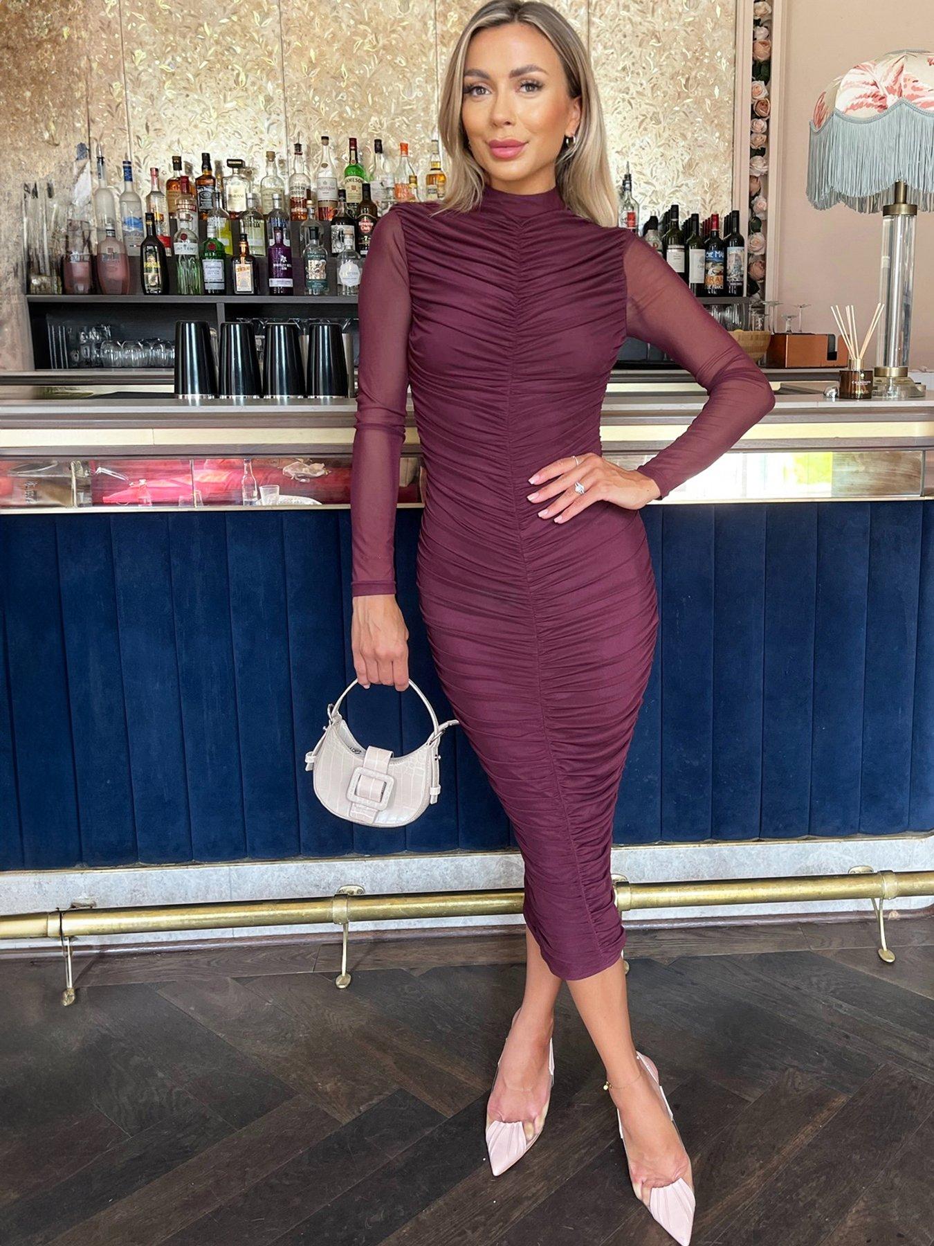  image of ax-paris-plum-high-neck-long-sleeve-ruched-bodycon-mesh-midi-dress-purple