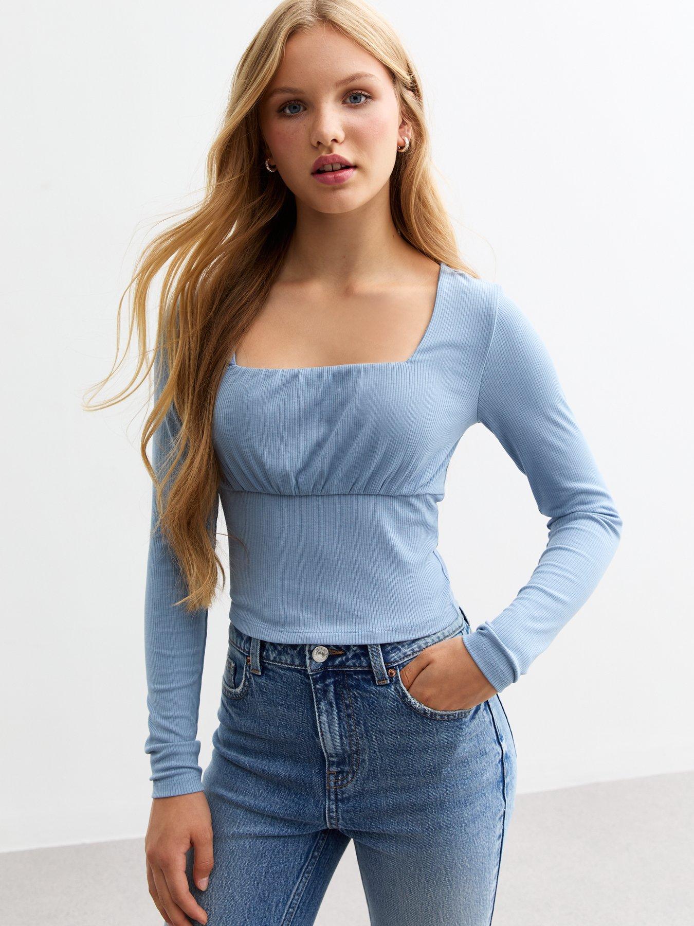 undefined Girls Blue Ruched Front Ribbed Jersey Top - Light Blue