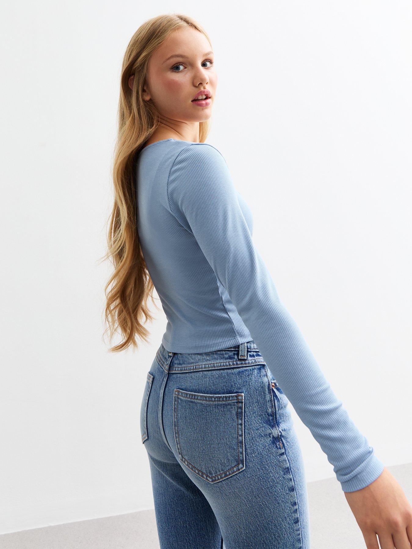  image of new-look-915-girls-blue-ruched-front-ribbed-jersey-top-light-blue