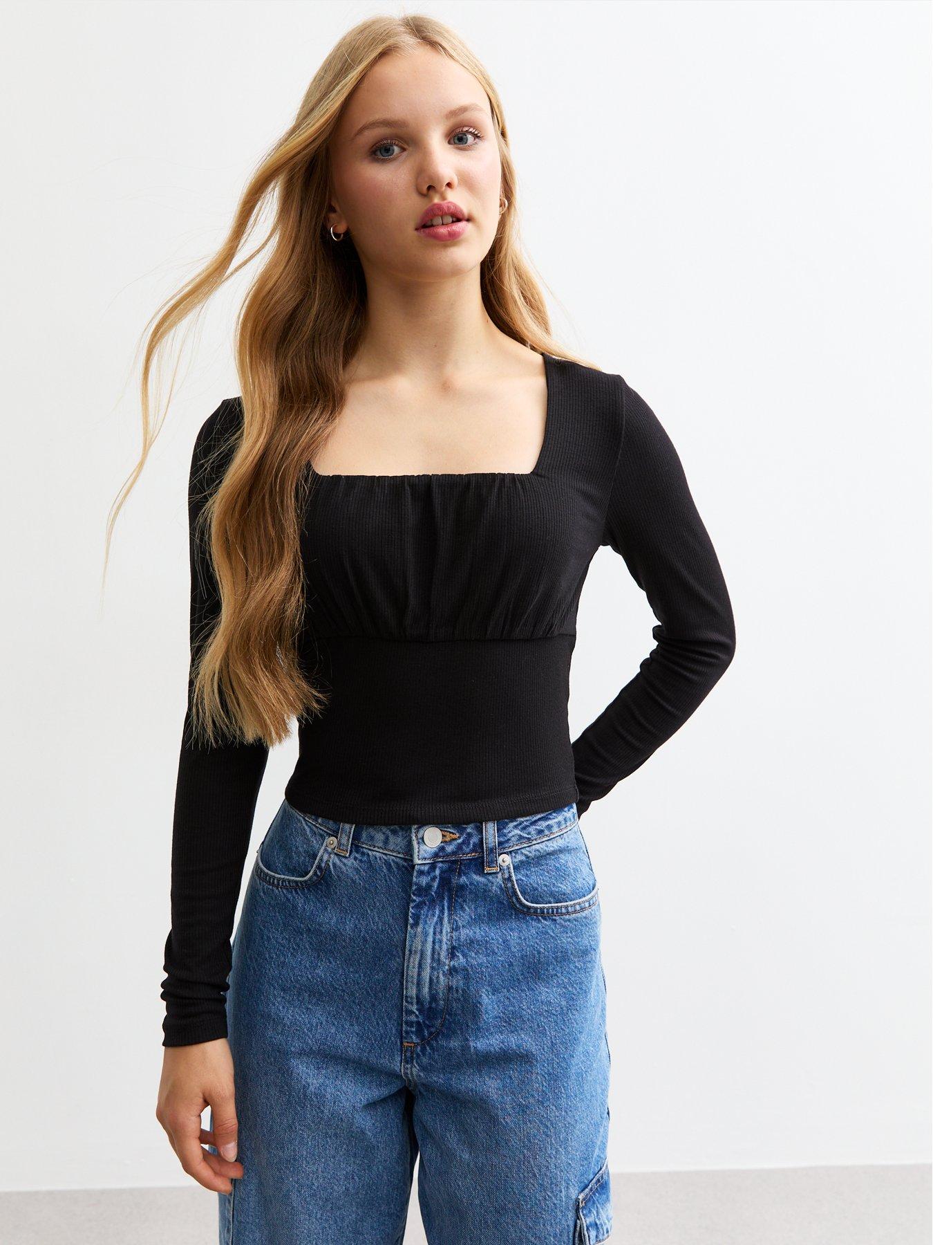 undefined Girls Ruched Front Ribbed Jersey Top - Black