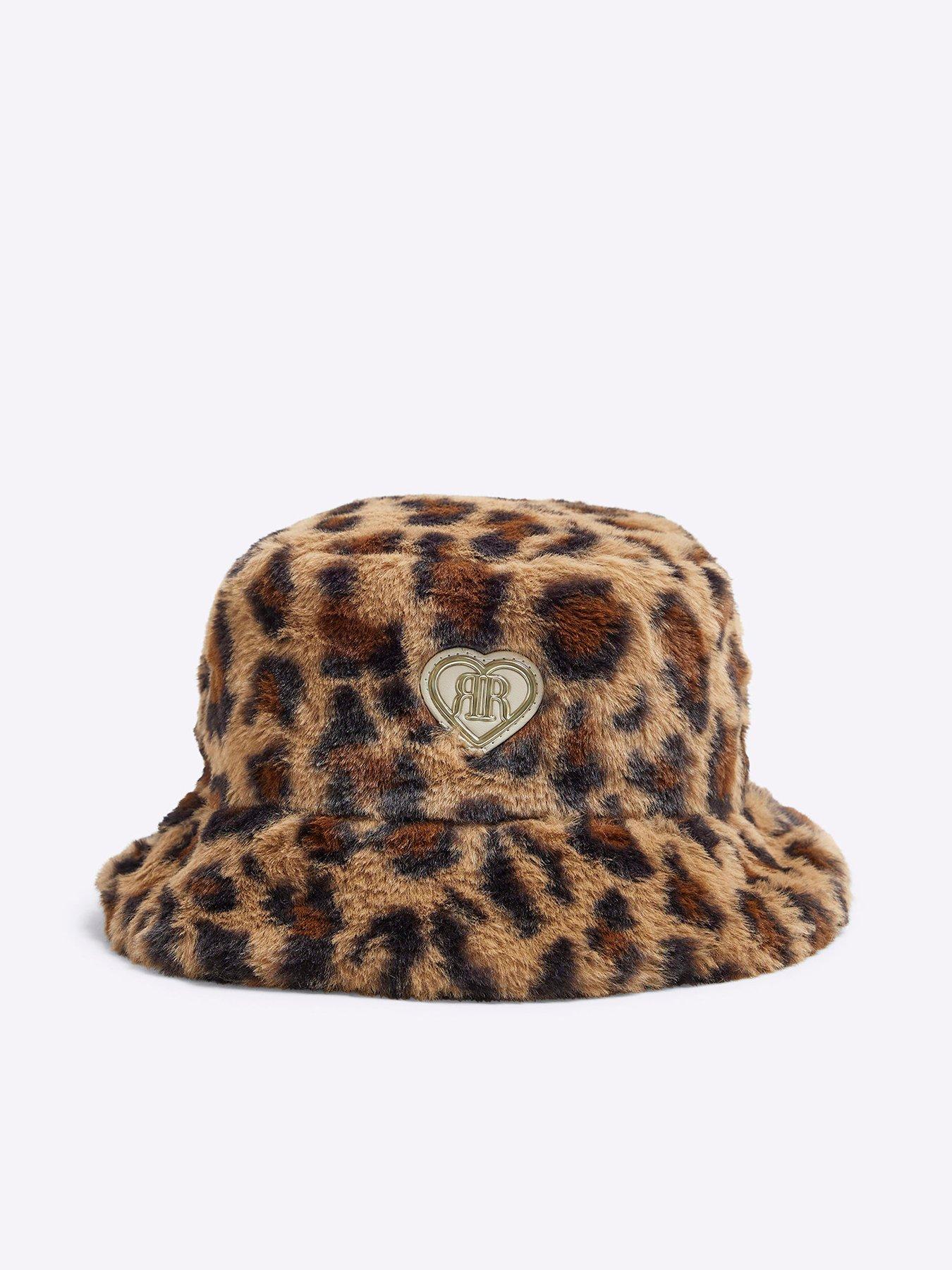undefined Girls Leopard Print Faux Fur Bucket Hat - Beige