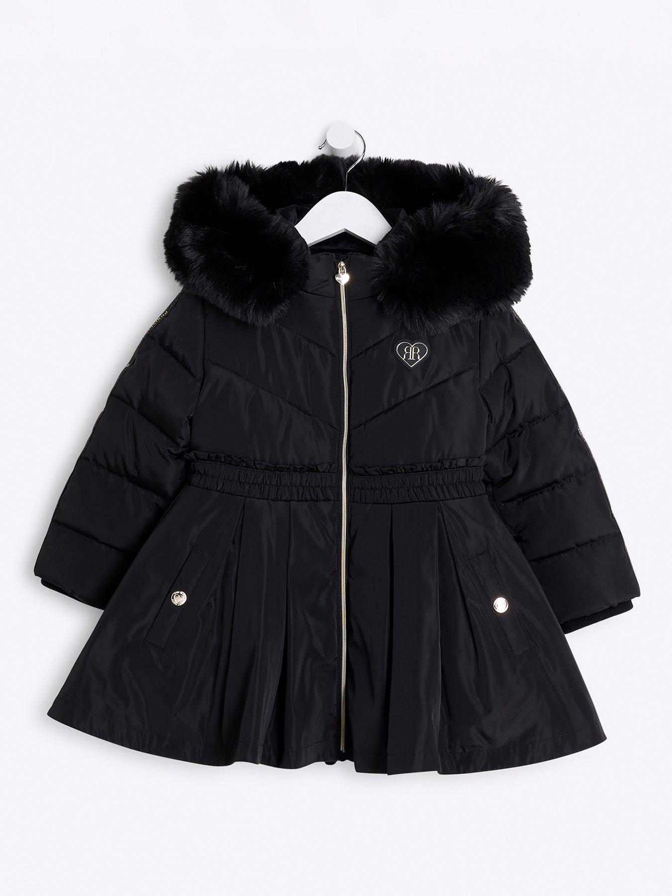 River Island Mini Mini Girl Fur Cuff Puffer Coat Black littlewoods