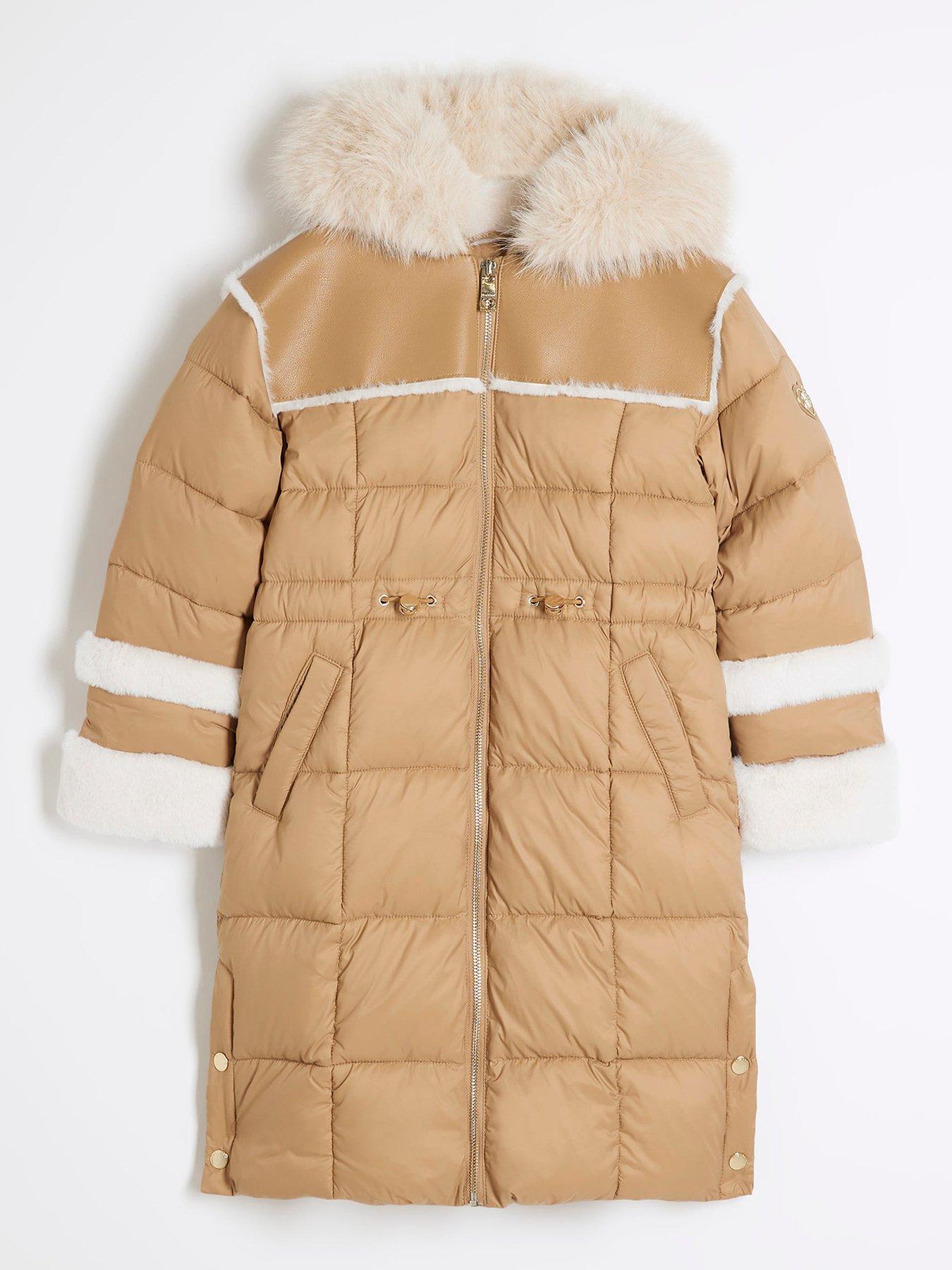 undefined Older Girl Faux Fur Trim Puffer Coat - Beige
