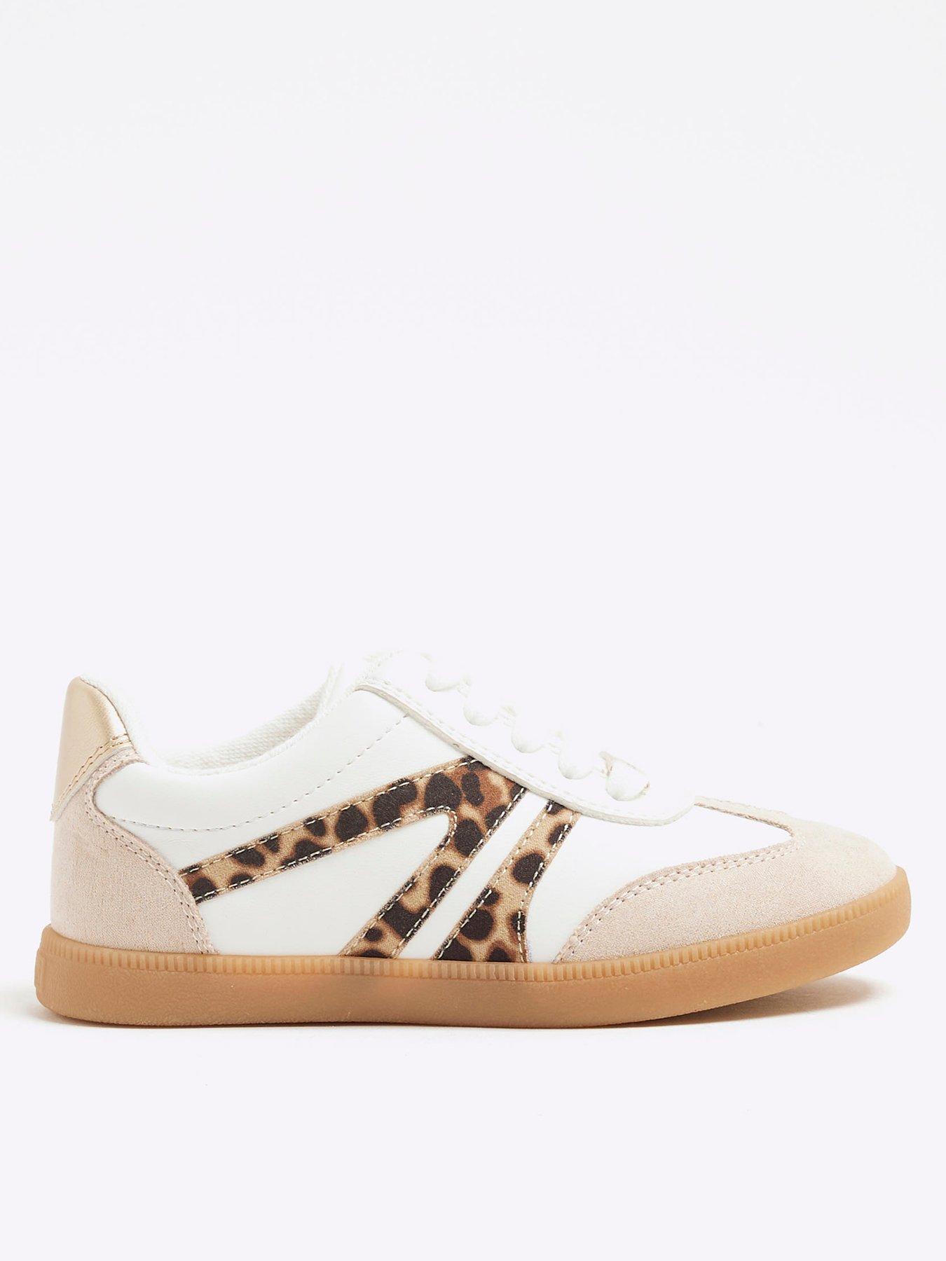 undefined Girls Leopard Lace Up Trainers - White