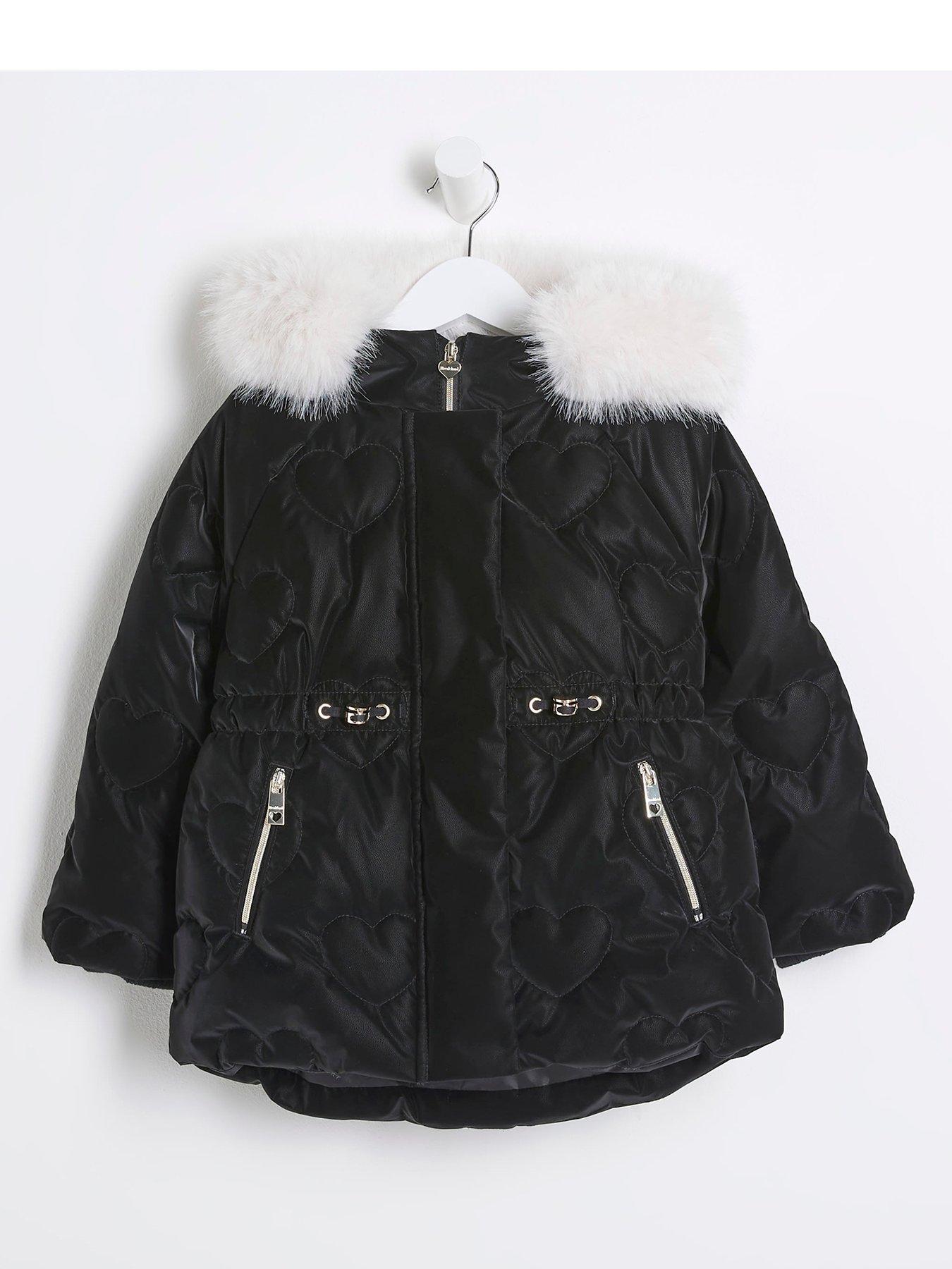 River Island Mini Mini Girls Padded Heart Faux Fur Coat Black