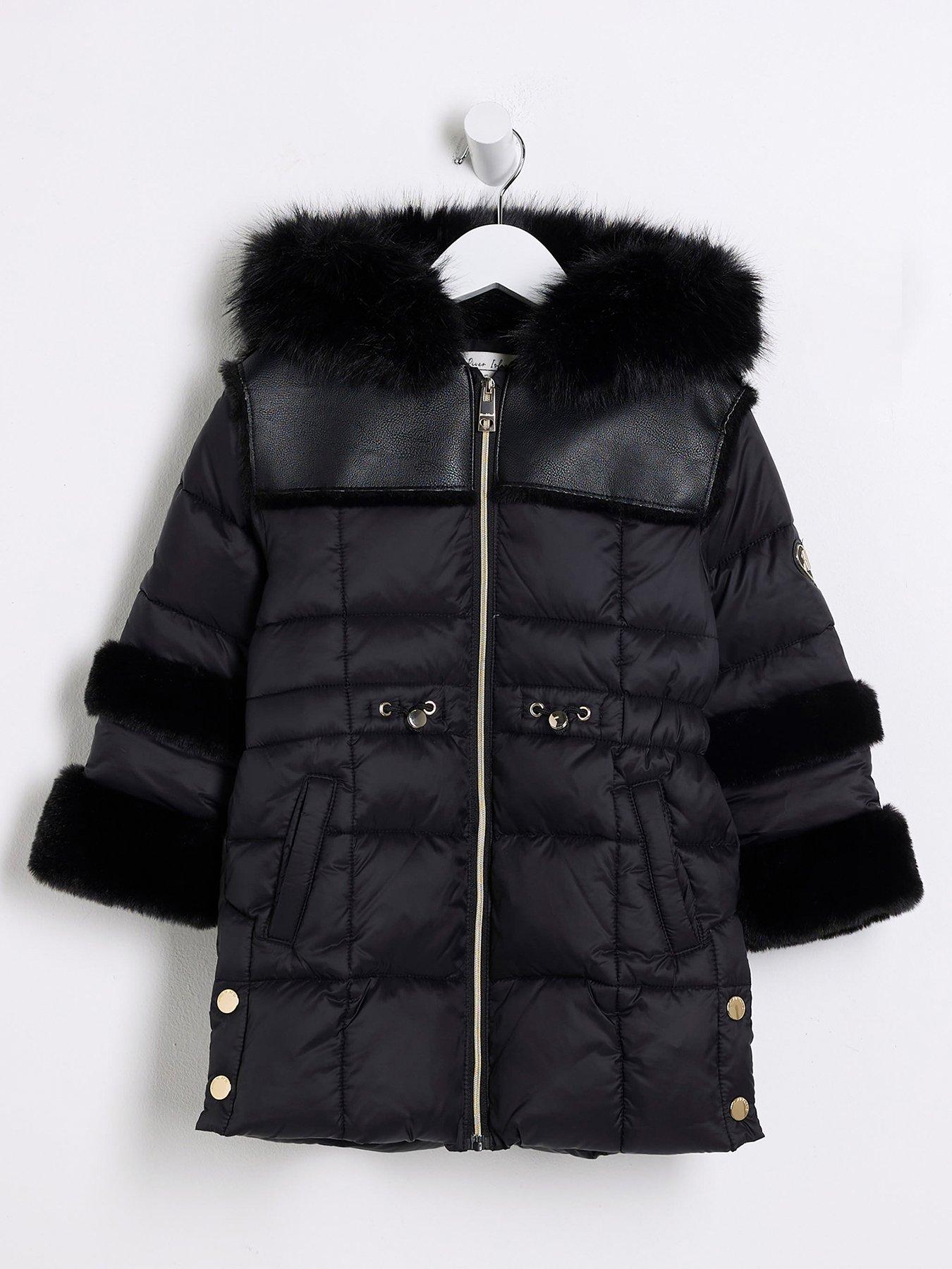 Mini Girl Fur Cuff Puffer Coat Black