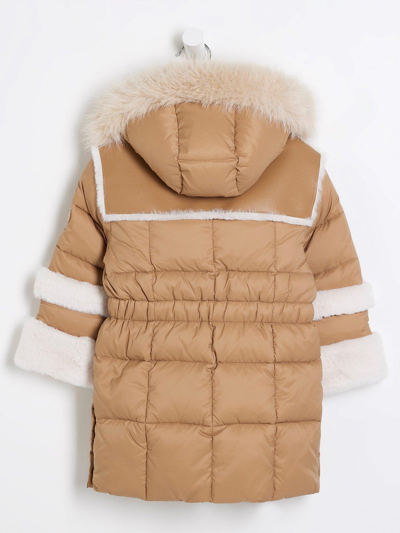 Mini Girl Fur Cuff Puffer Coat Beige