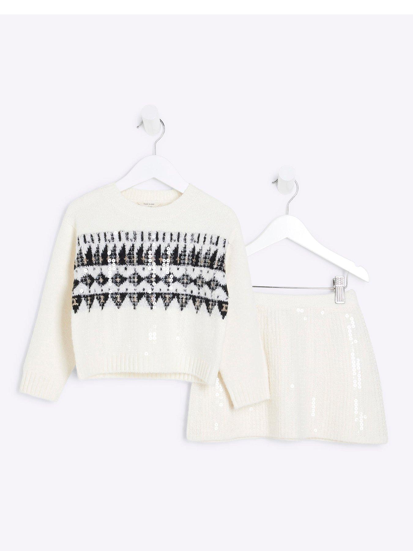 Image 1 of 5 of River Island Mini Mini Girl Sequin Fairisle Christmas Jumper Skirt Set - Cream