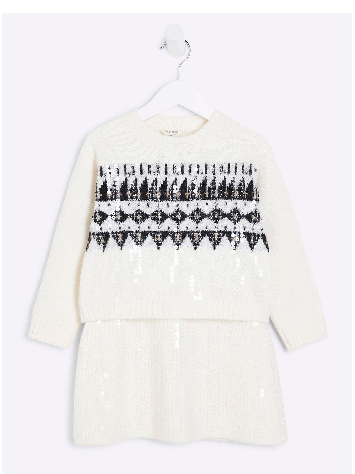 Image 3 of 5 of River Island Mini Mini Girl Sequin Fairisle Christmas Jumper Skirt Set - Cream
