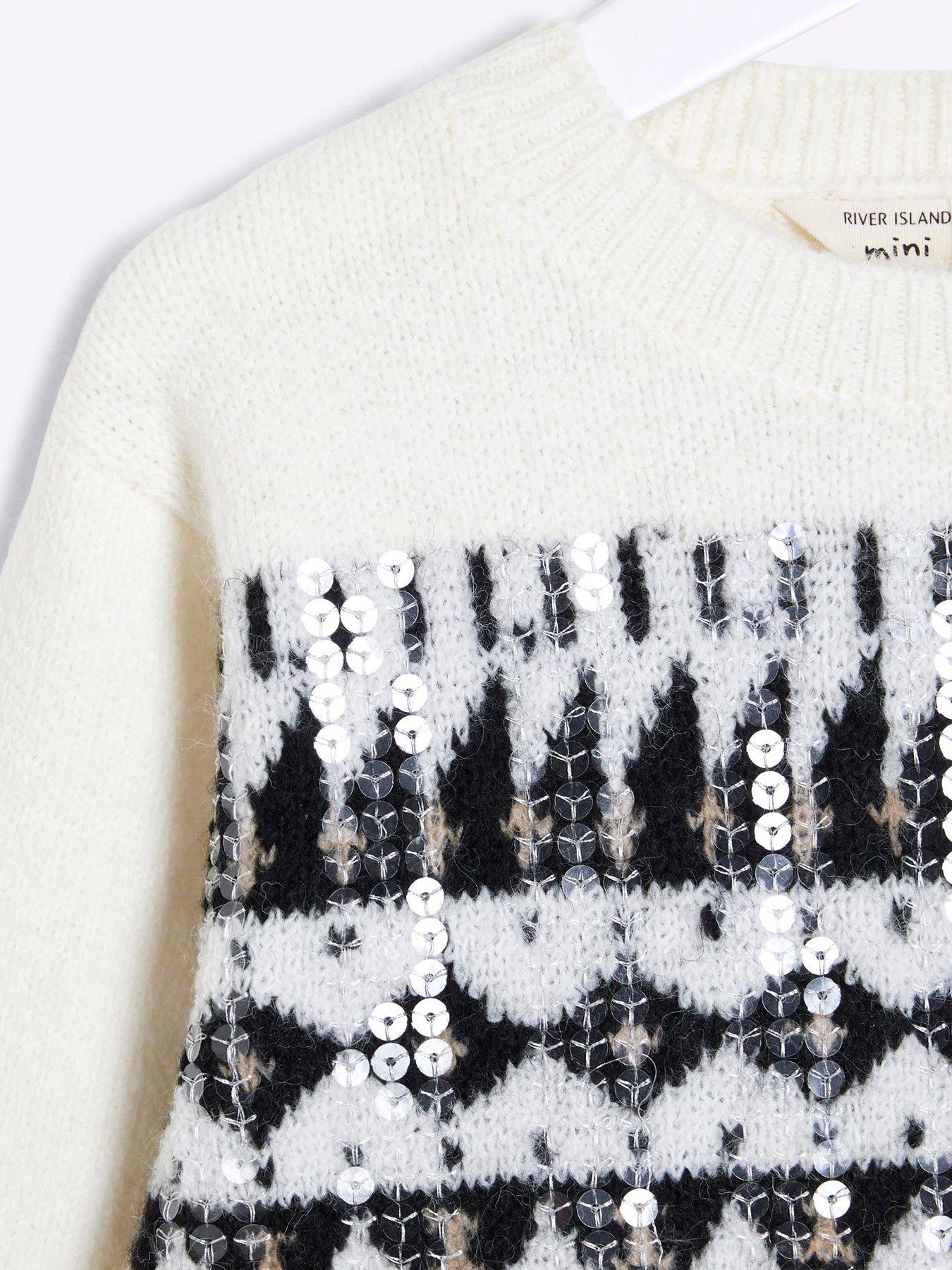 Image 4 of 5 of River Island Mini Mini Girl Sequin Fairisle Christmas Jumper Skirt Set - Cream