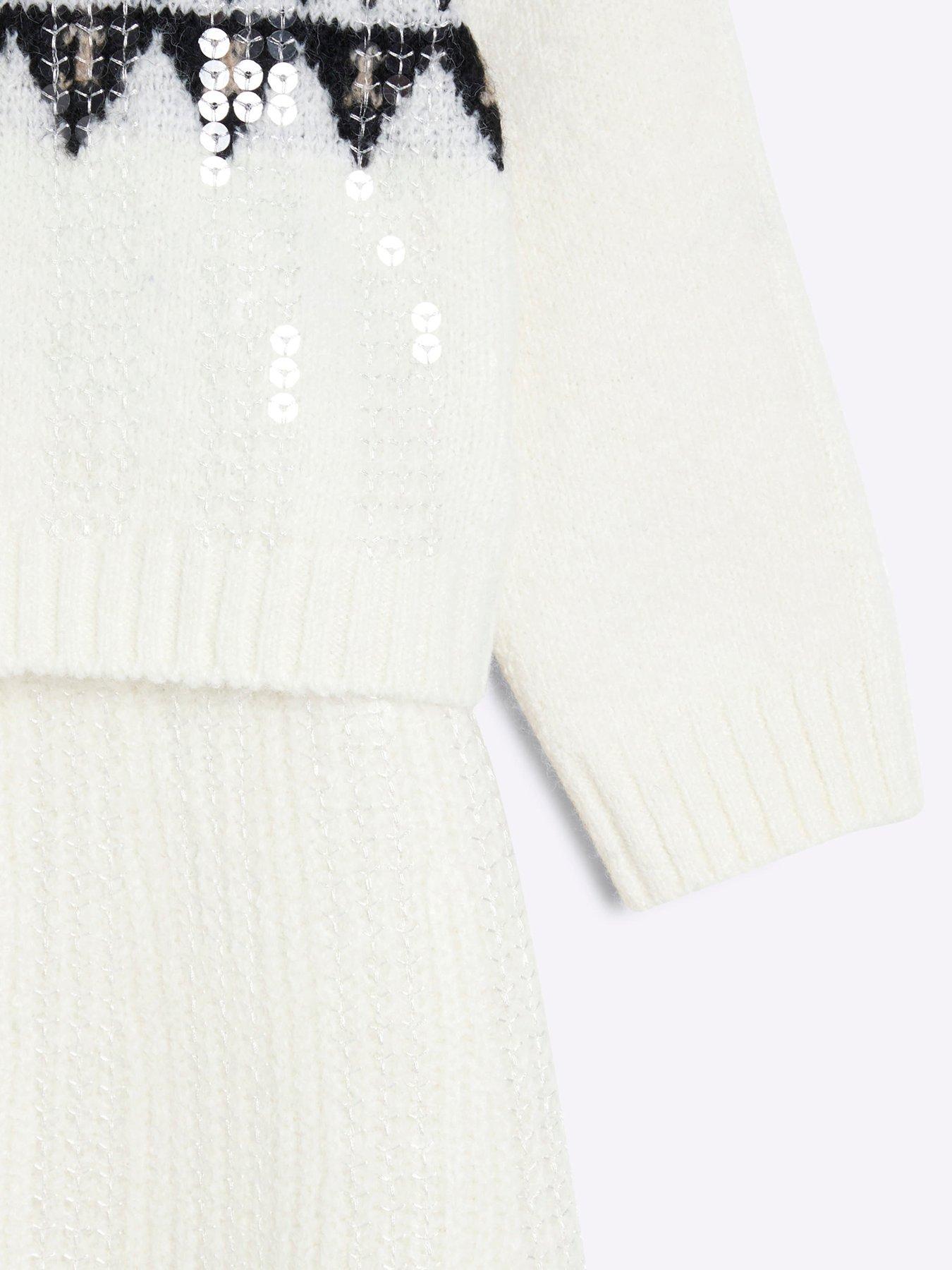 Image 5 of 5 of River Island Mini Mini Girl Sequin Fairisle Christmas Jumper Skirt Set - Cream
