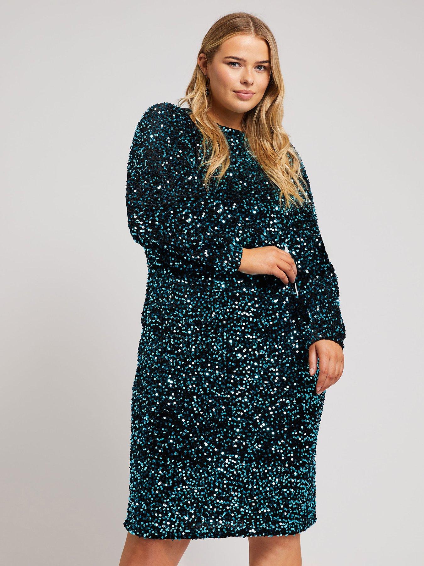 Yours Curve Sequin Velvet Long Sleeve Shift Dress - Black