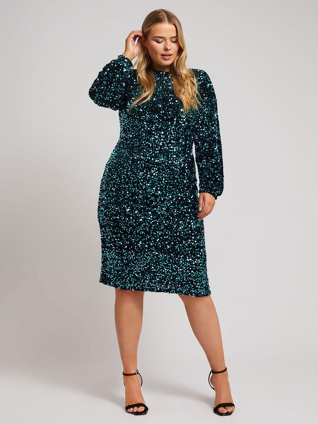  image of yours-curve-sequin-velvet-long-sleeve-shift-dress-black