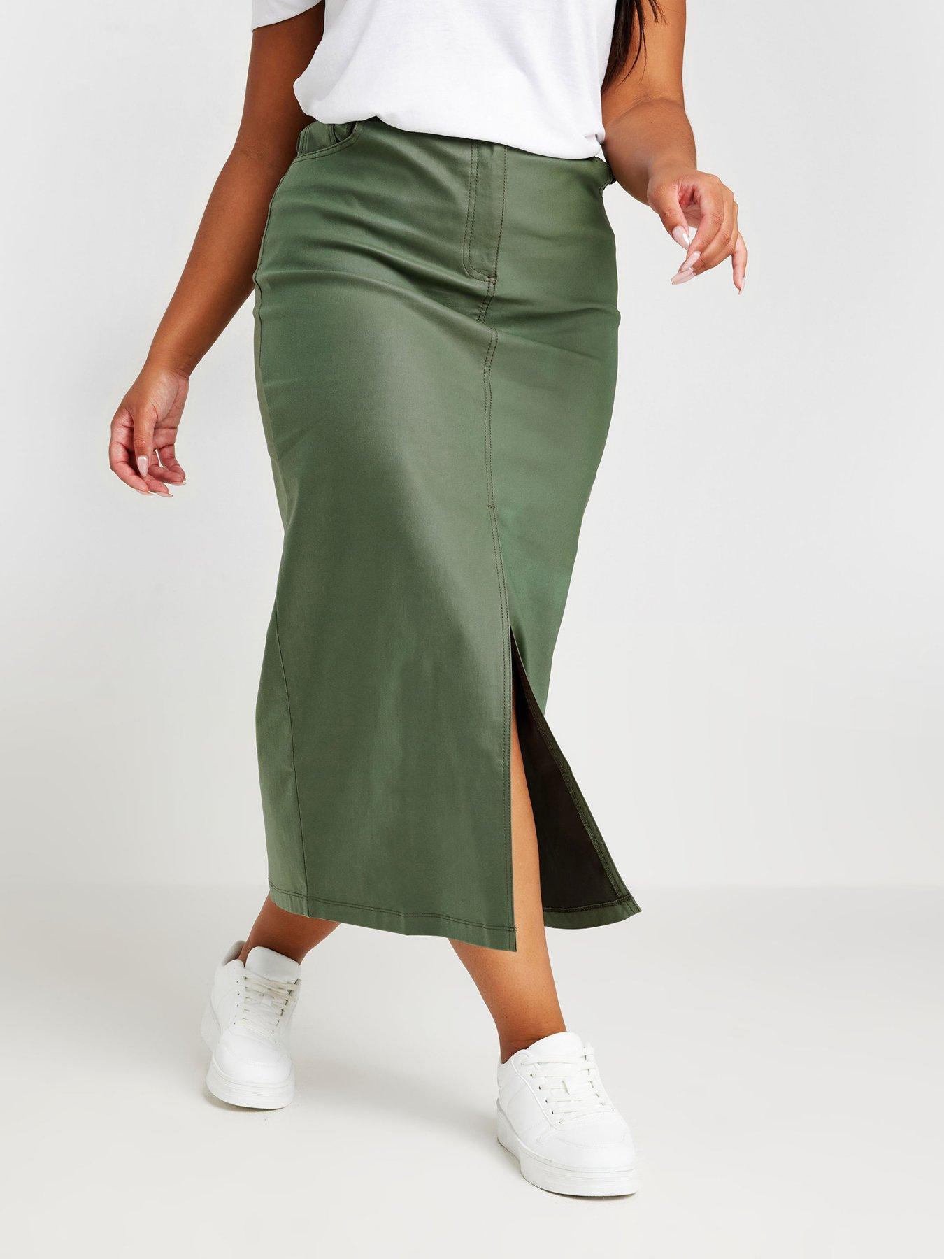 undefined Curve Coated Midaxi Front Slit Skirt - Green
