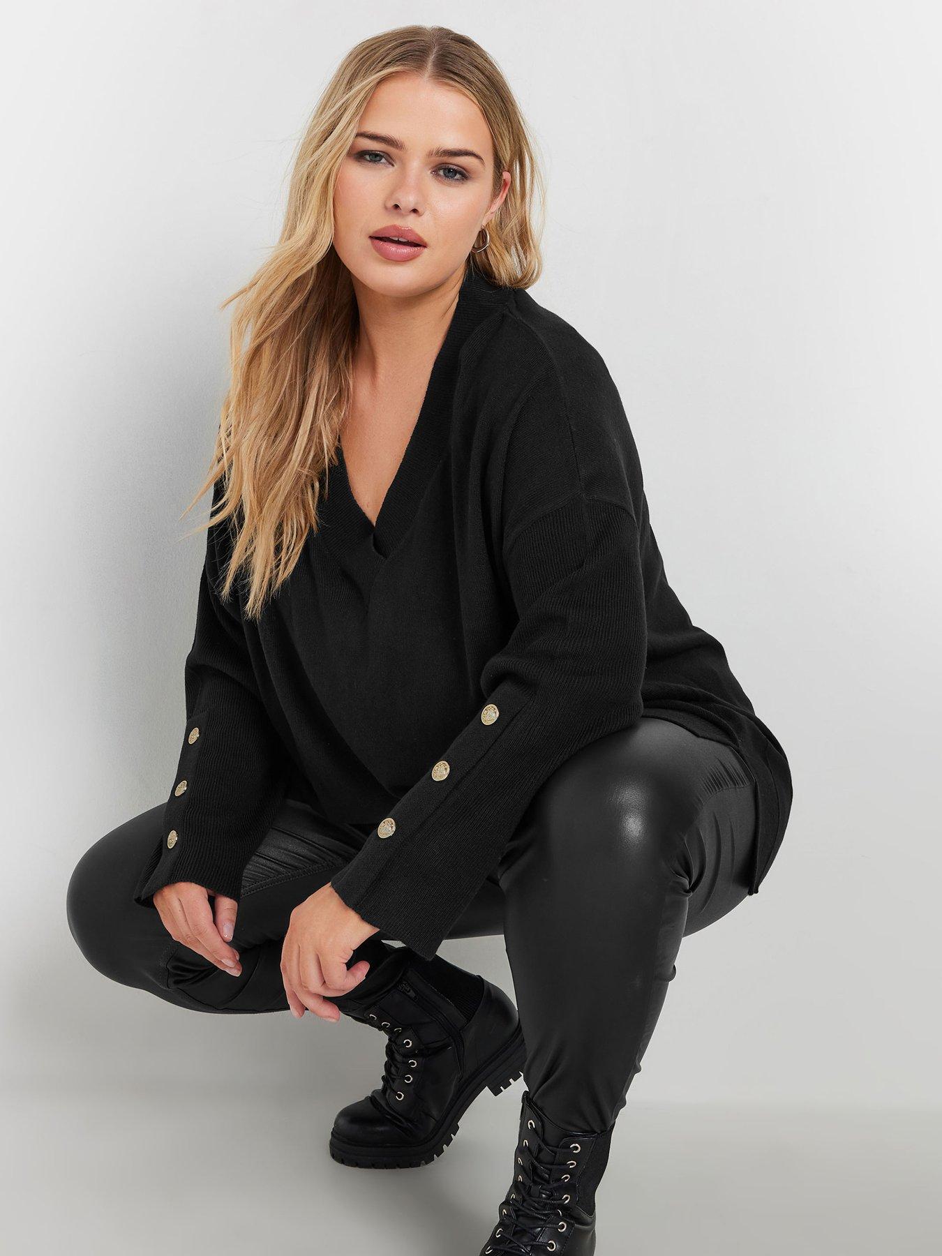 undefined Curve Button Sleeve Ribbed Jumper - Black