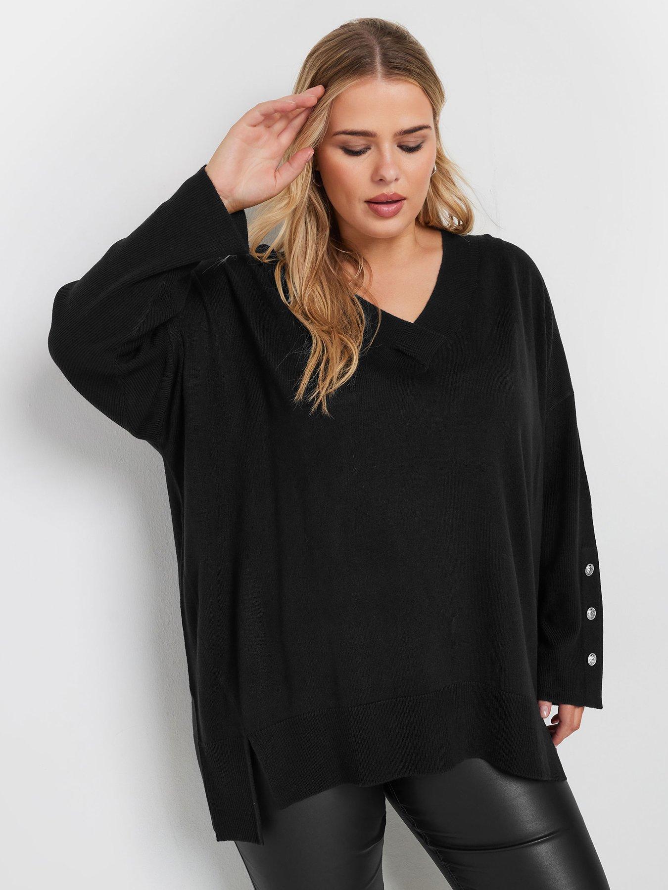 Image 4 of 4 of Yours Curve Button Sleeve Ribbed Jumper - Black
