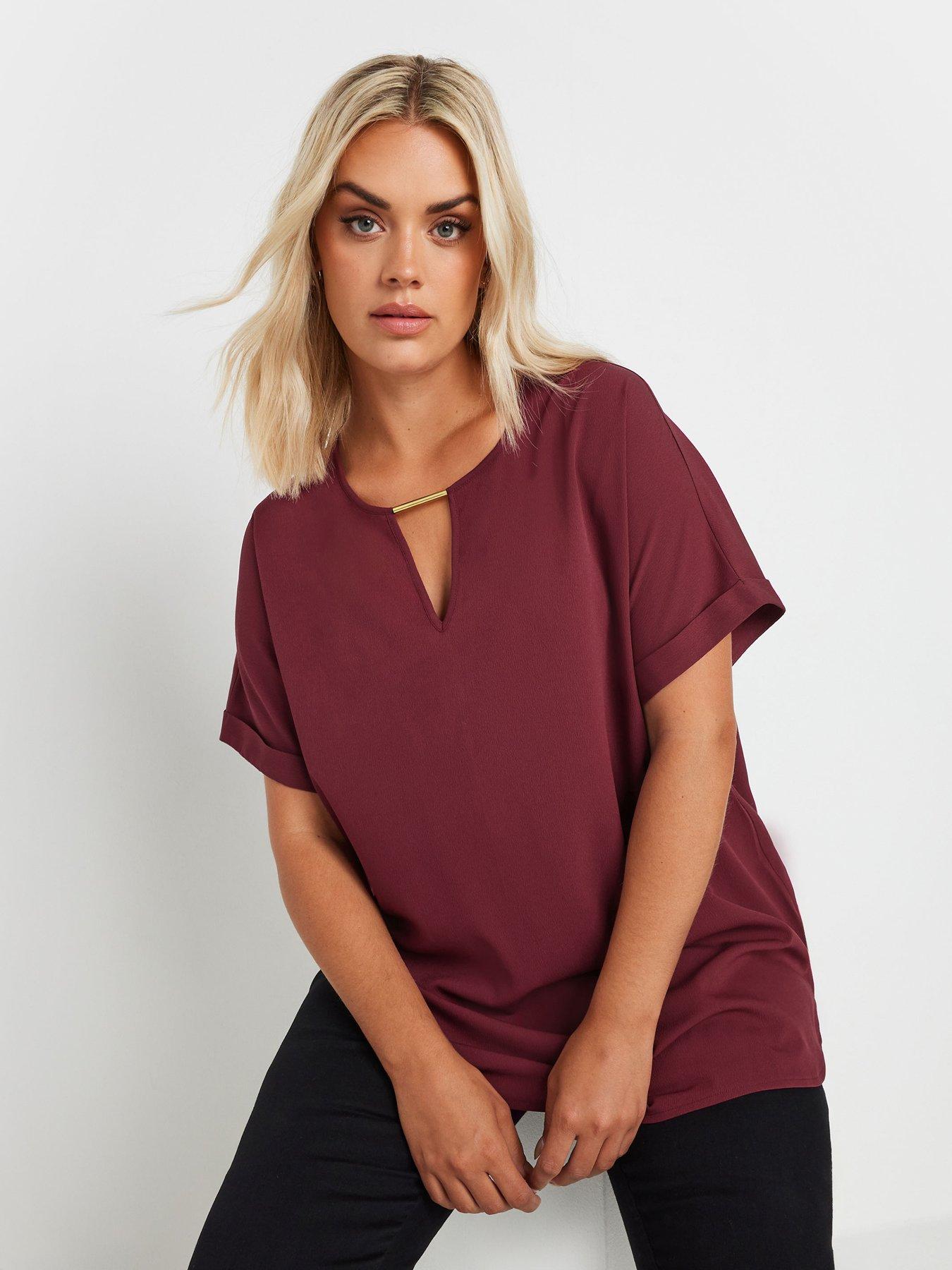  image of yours-curve-short-sleeve-trim-neck-top-burgundynbspred