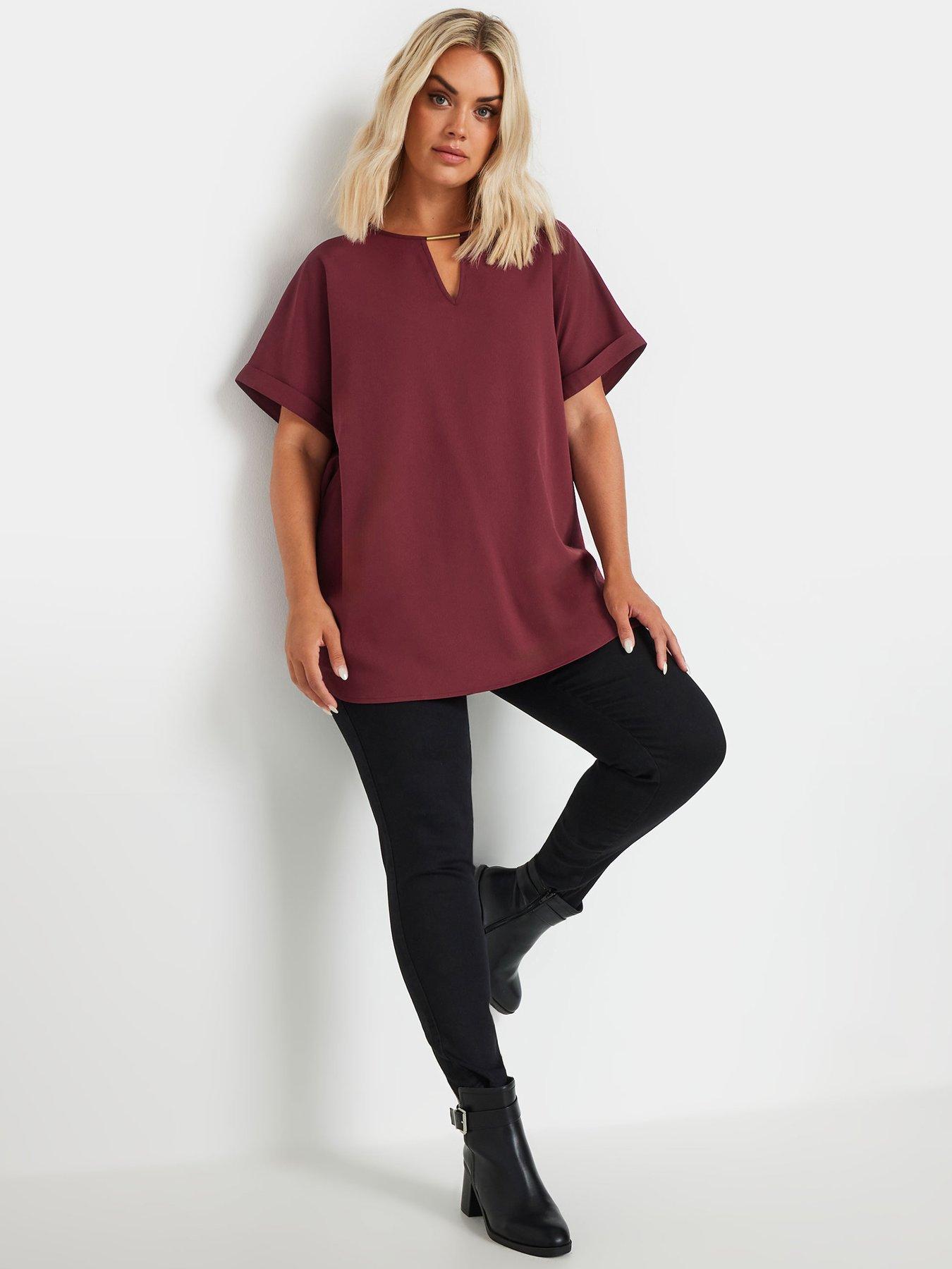  image of yours-curve-short-sleeve-trim-neck-top-burgundynbspred