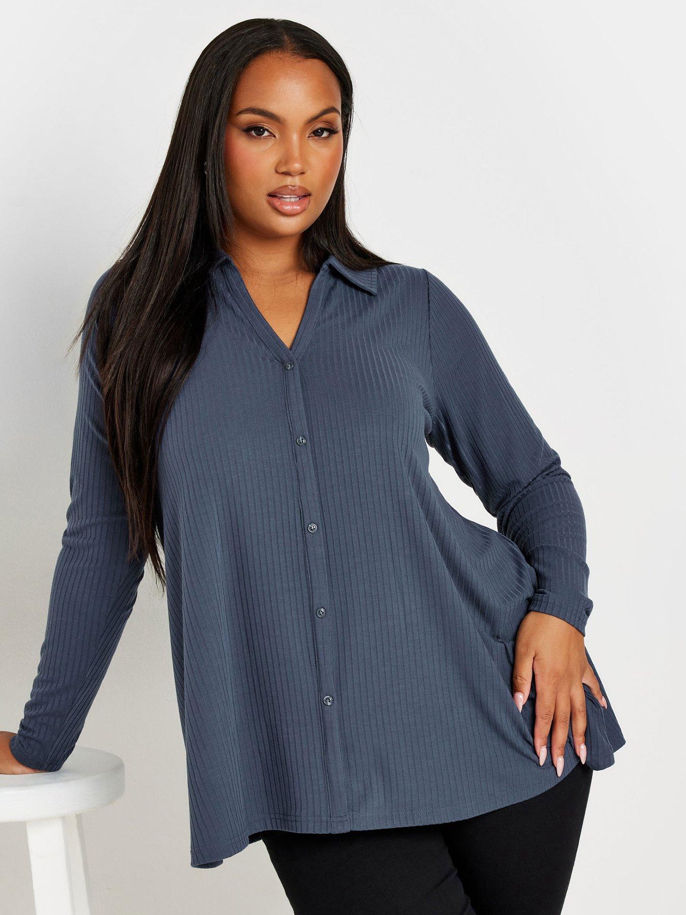 undefined Curve Collar Rib Button Front Top - Grey