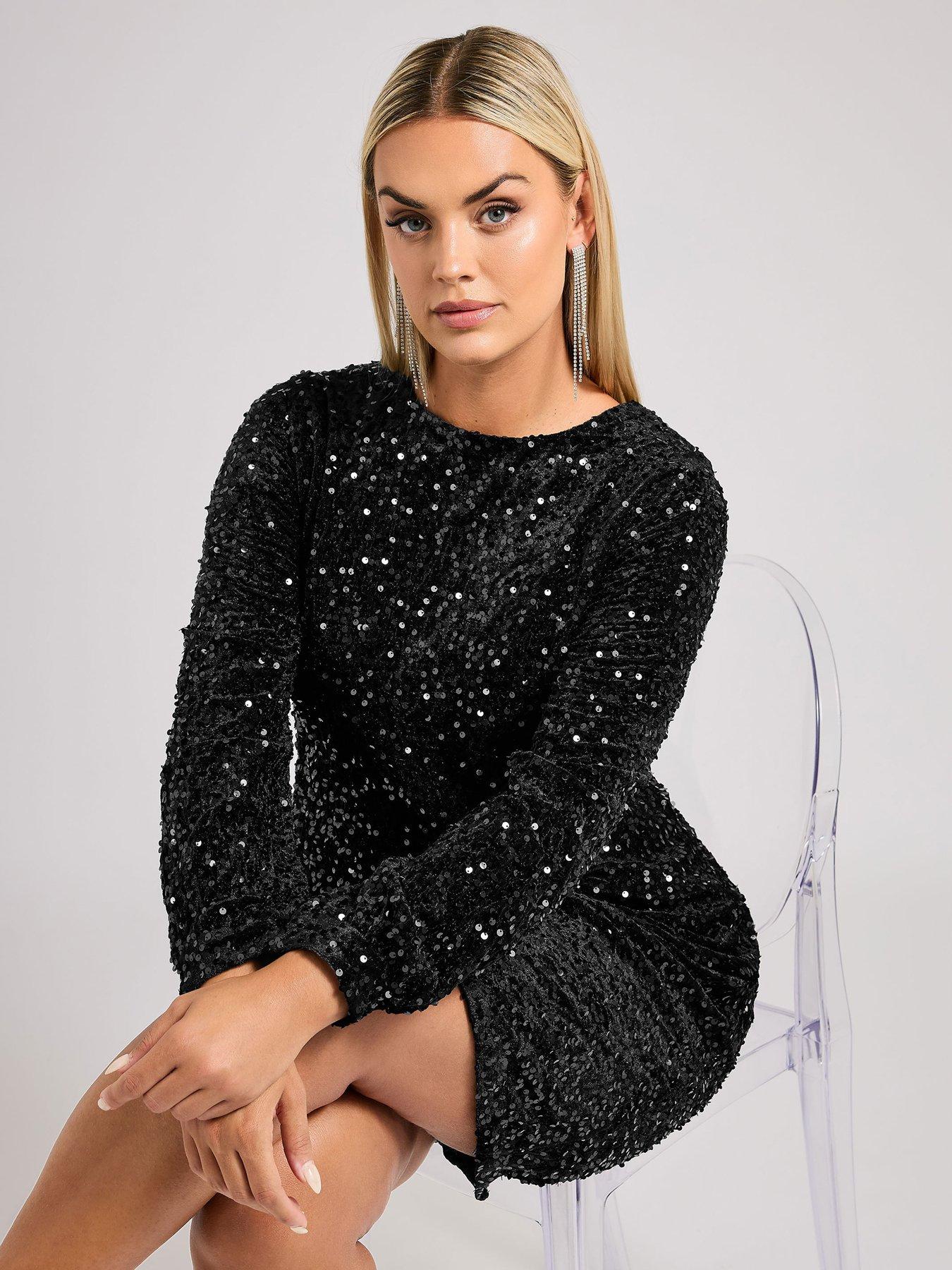  image of yours-curve-sequin-velvet-long-sleeve-shift-dress-black