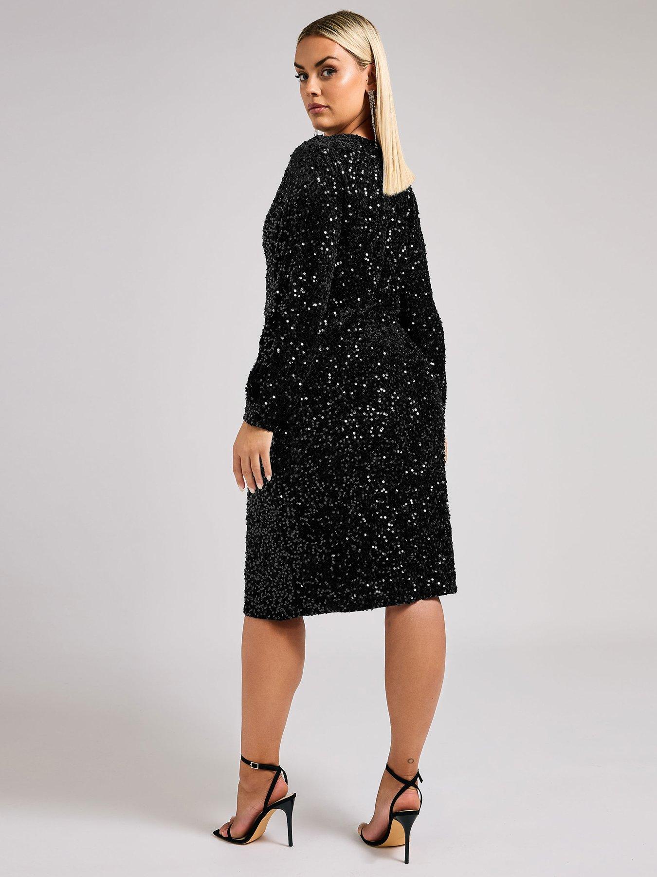  image of yours-curve-sequin-velvet-long-sleeve-shift-dress-black