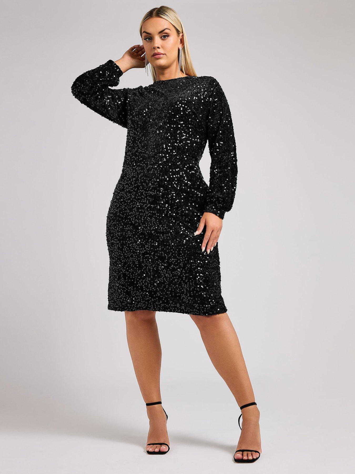  image of yours-curve-sequin-velvet-long-sleeve-shift-dress-black