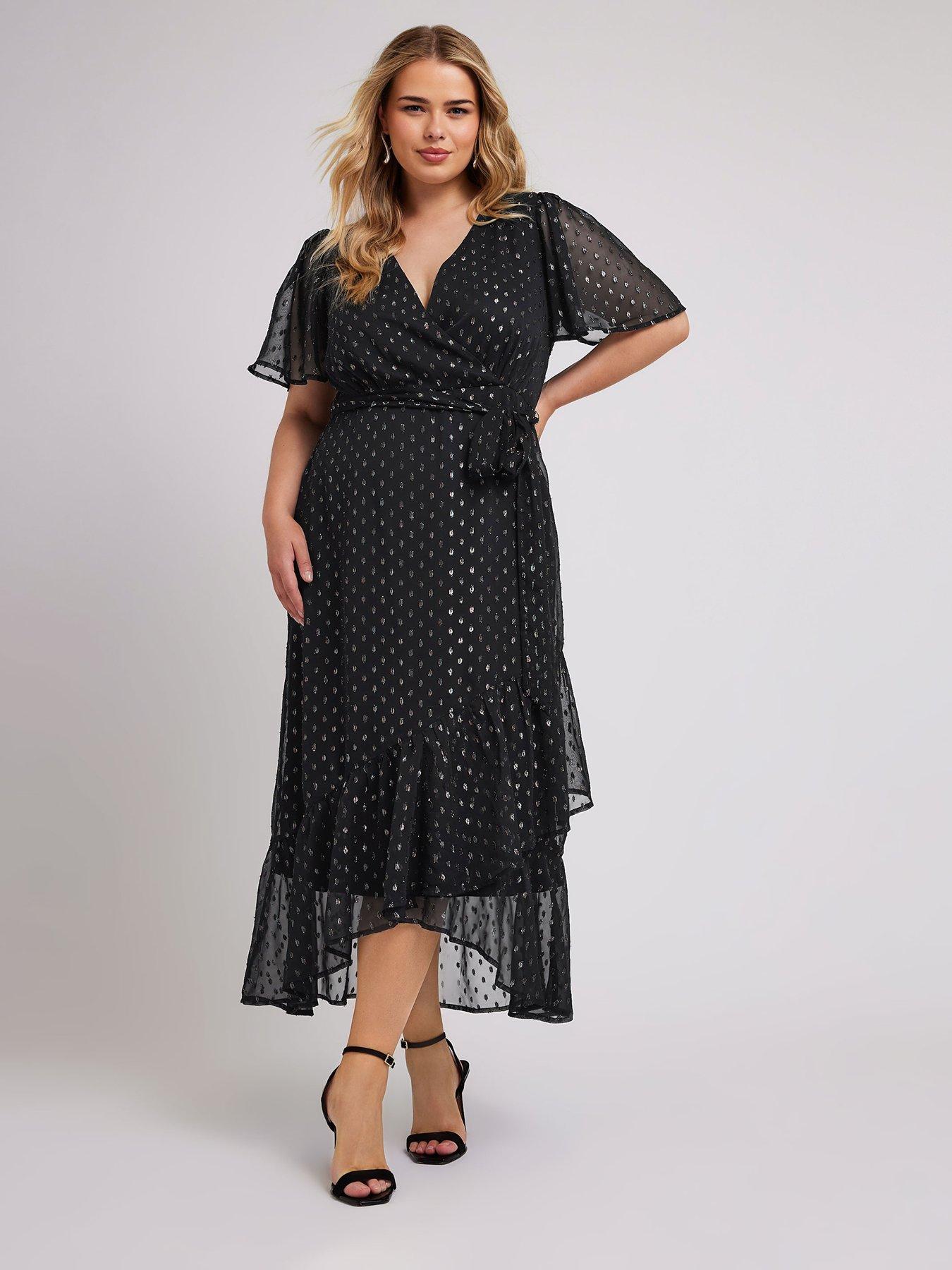 Yours Curve Metallic Dobby Ruffle Wrap Dress littlewoods