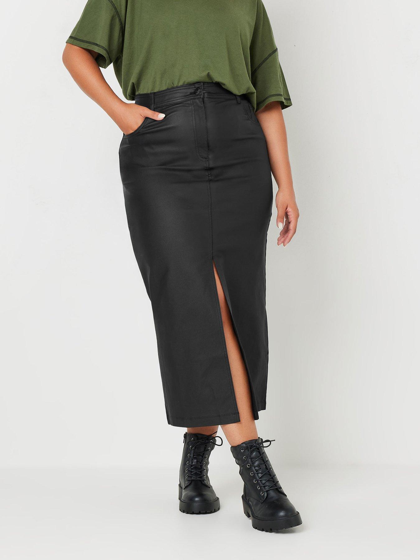 undefined Curve Coated Midaxi Front Slit Skirt - Black