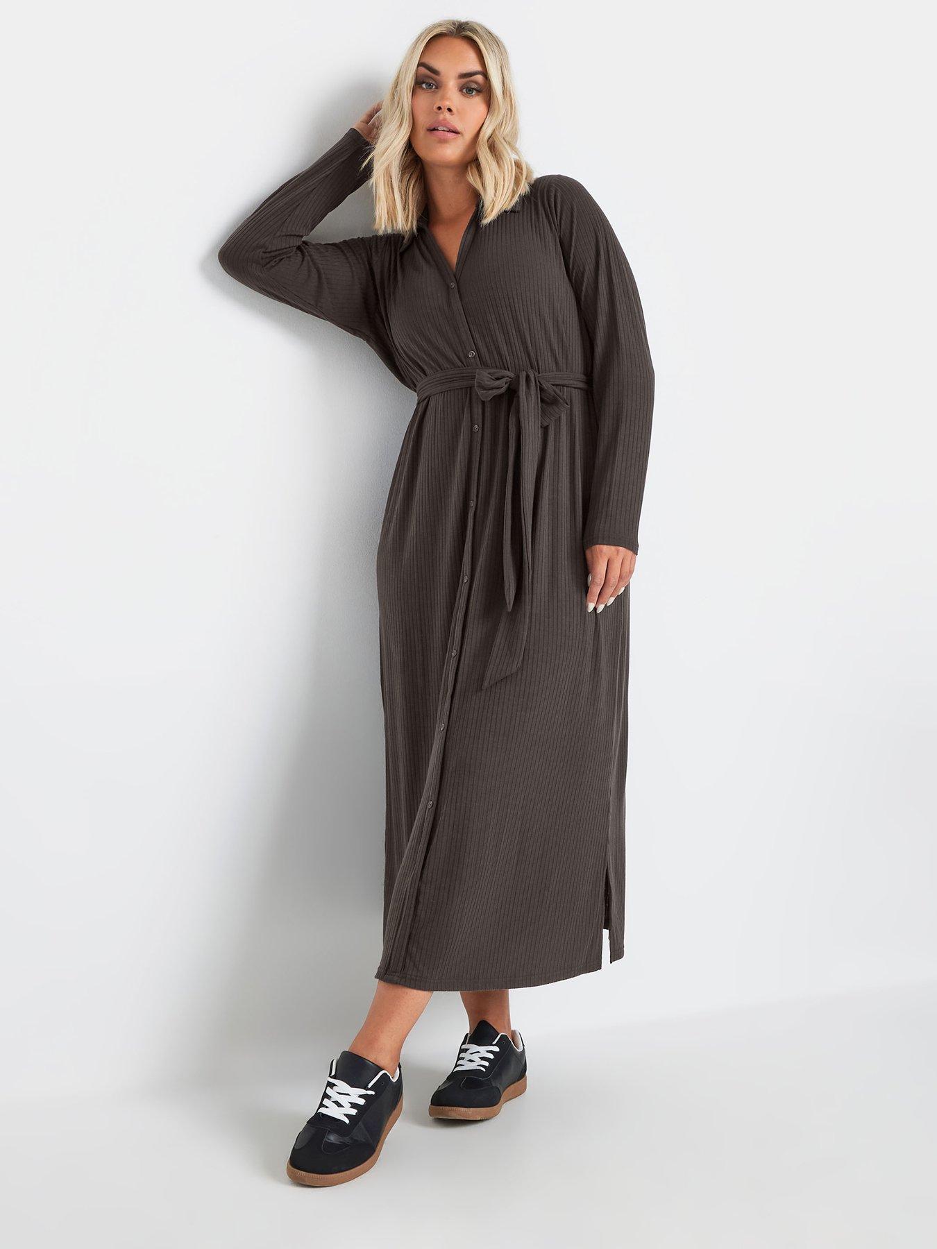 undefined Curve Rib Button Front A-Line Midi Dress - Brown