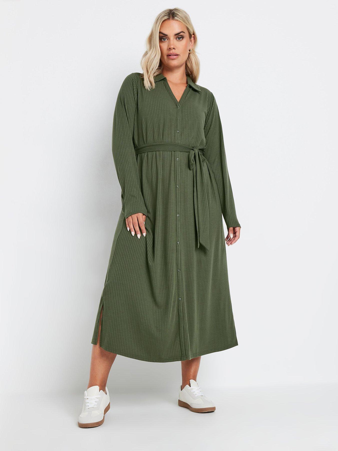 undefined Curve Rib Button Front Aline Dress - Green