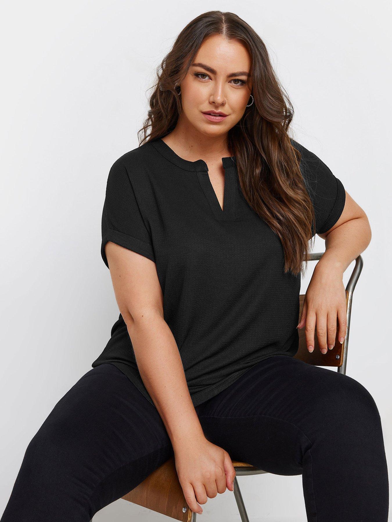 undefined Curve Notch Neck Textured Top - Black